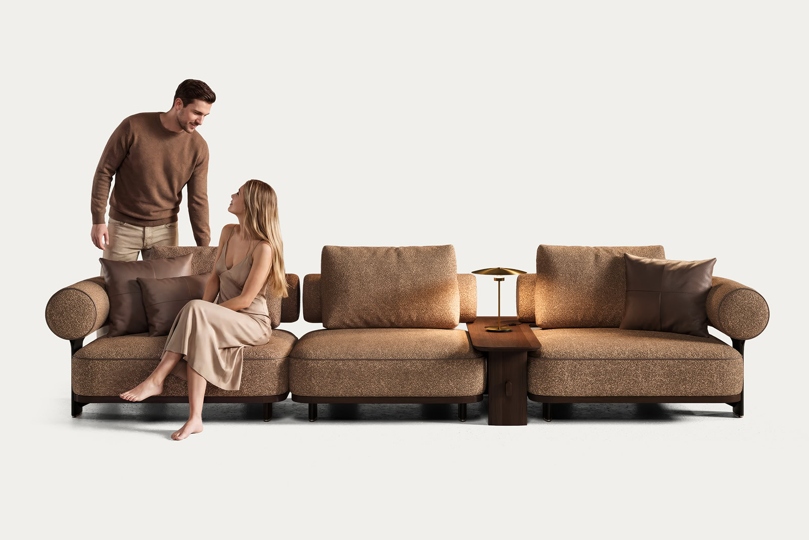 Elegant brown fabric sofa set with multiple cushions, perfect for contemporary living rooms, featuring a wooden side table and minimalist design.
