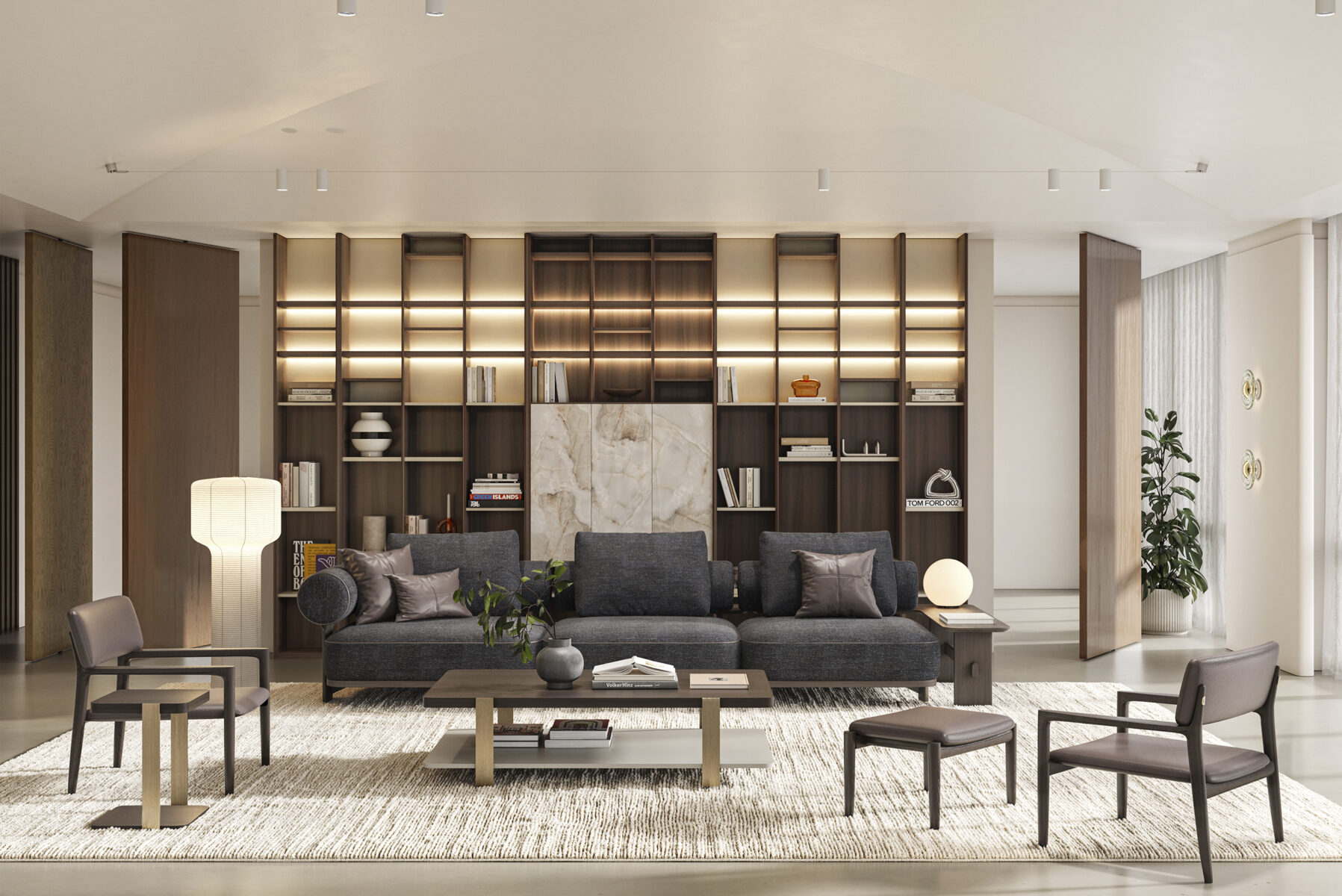 Elegant black sofa with cushions, contemporary living room with stylish wooden bookshelf, cozy lighting, and minimalist decor; perfect for modern home interiors.