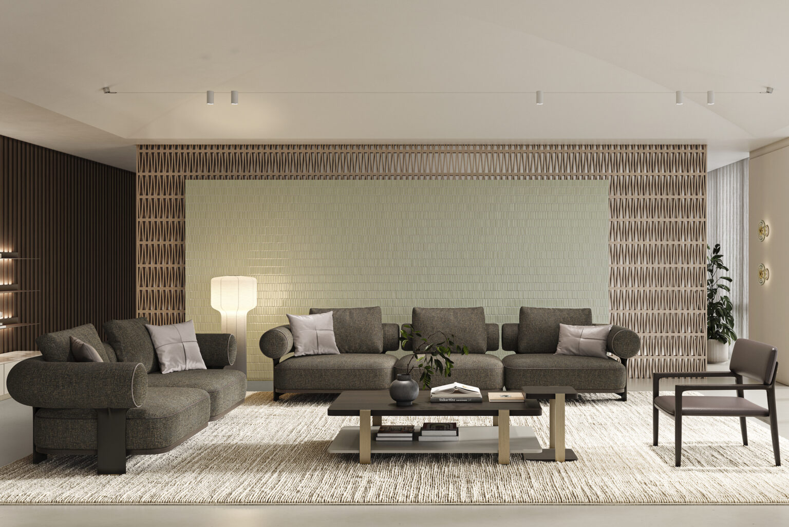 Elegant dark gray sectional sofa with plush cushions and armrests, complemented by a sleek coffee table, ambient lighting, and decorative wall accents, perfect for stylish home interiors.