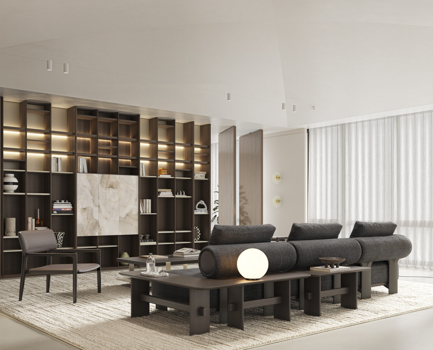 Elegant, modern living room featuring dark wood furniture, a large bookshelf, cozy seating, and warm lighting for sophisticated home interiors.