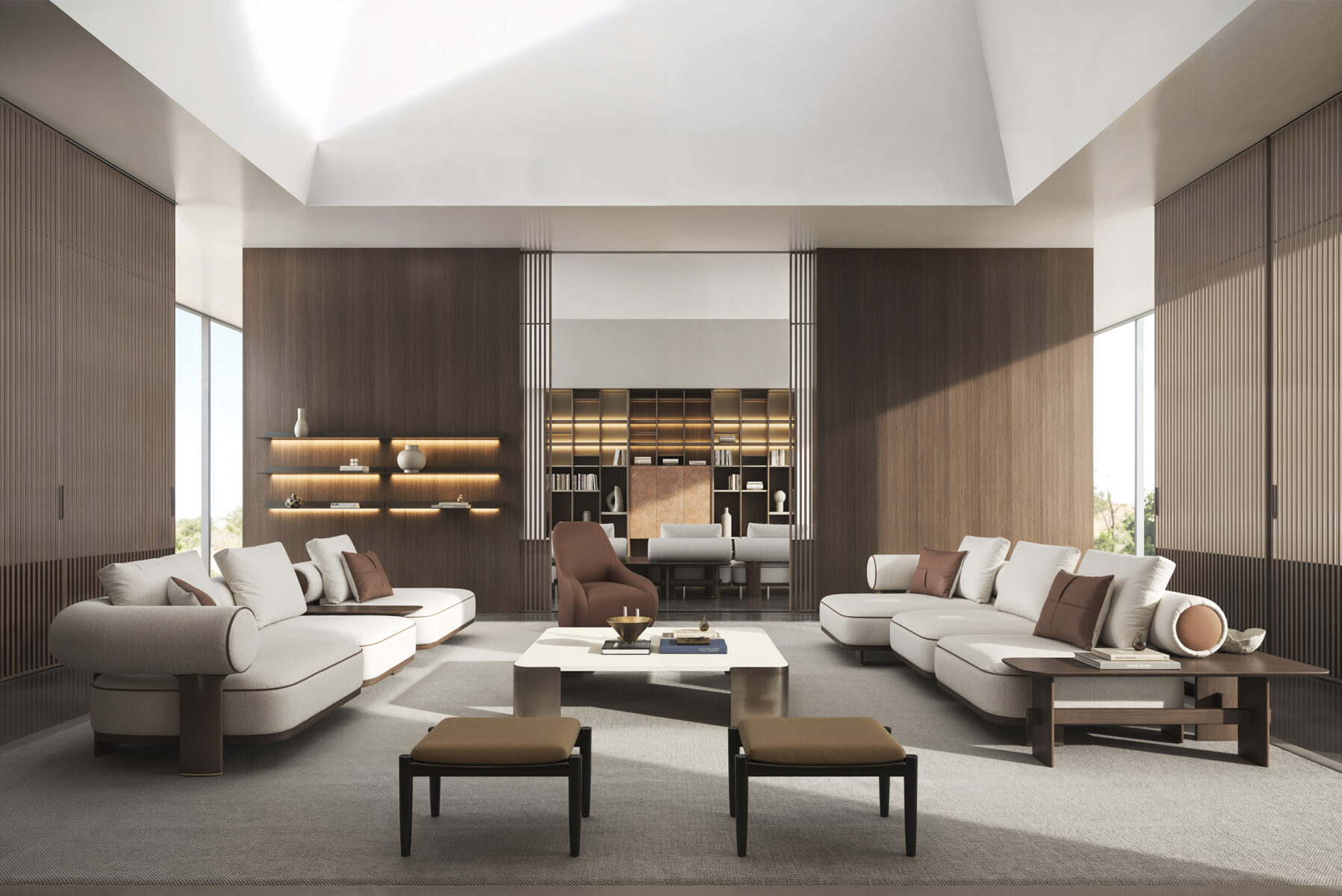 Elegant modern living room featuring stylish sofas, armchairs, and a central coffee table, with warm wood paneling and large windows providing natural light.