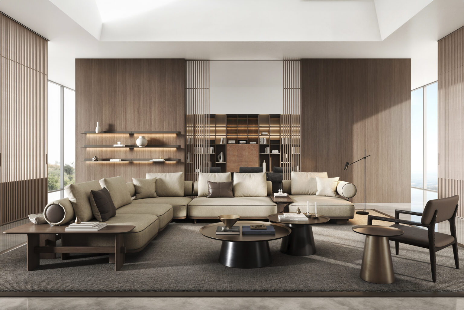 Elegant living room featuring a large beige sectional sofa, wooden wall panels, and contemporary coffee tables, perfect for stylish and cozy home interiors.