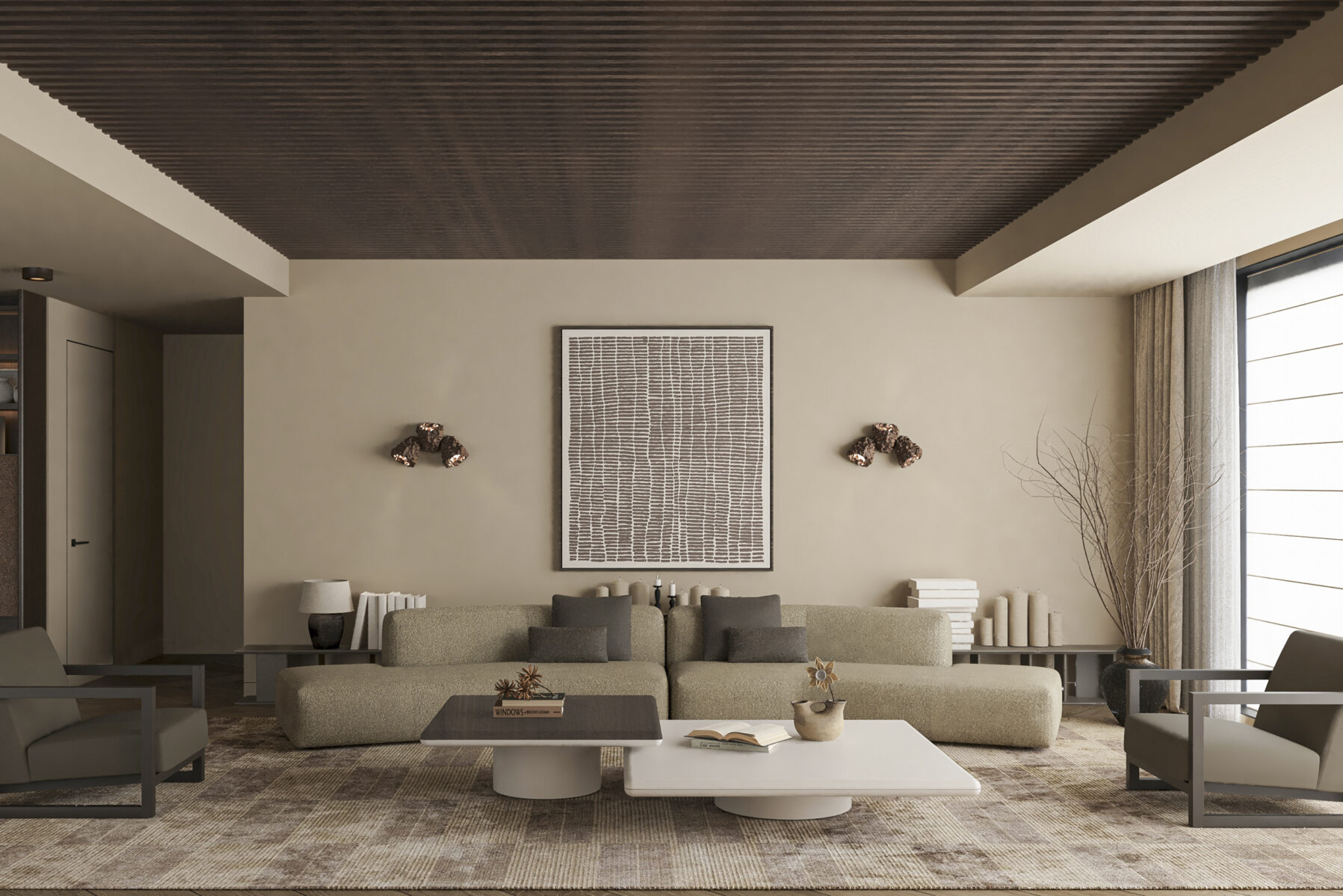 Elegant living room featuring a contemporary sofa set, coffee table, and decorative elements for a sophisticated home interior.