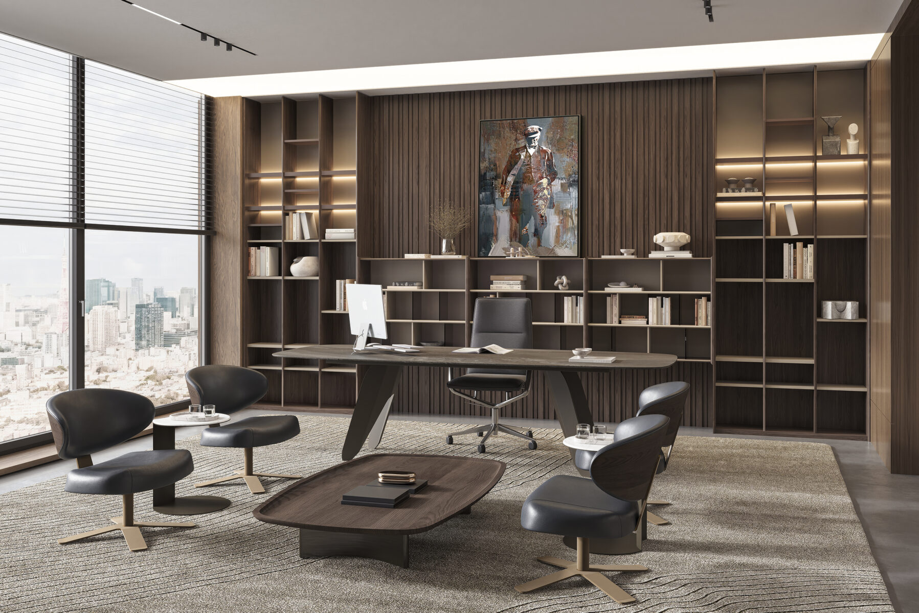 Elegant modern office with dark wood furniture, large windows, and stylish seating, perfect for professional workspaces.