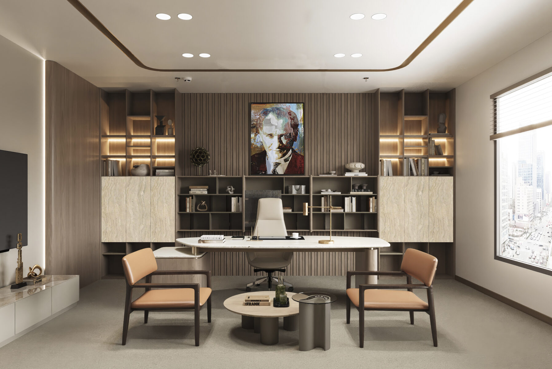 Elegant office workspace with a sleek desk, comfortable chairs, and stylish shelving units in a contemporary design. Perfect for professional environments seeking sophistication and functionality.