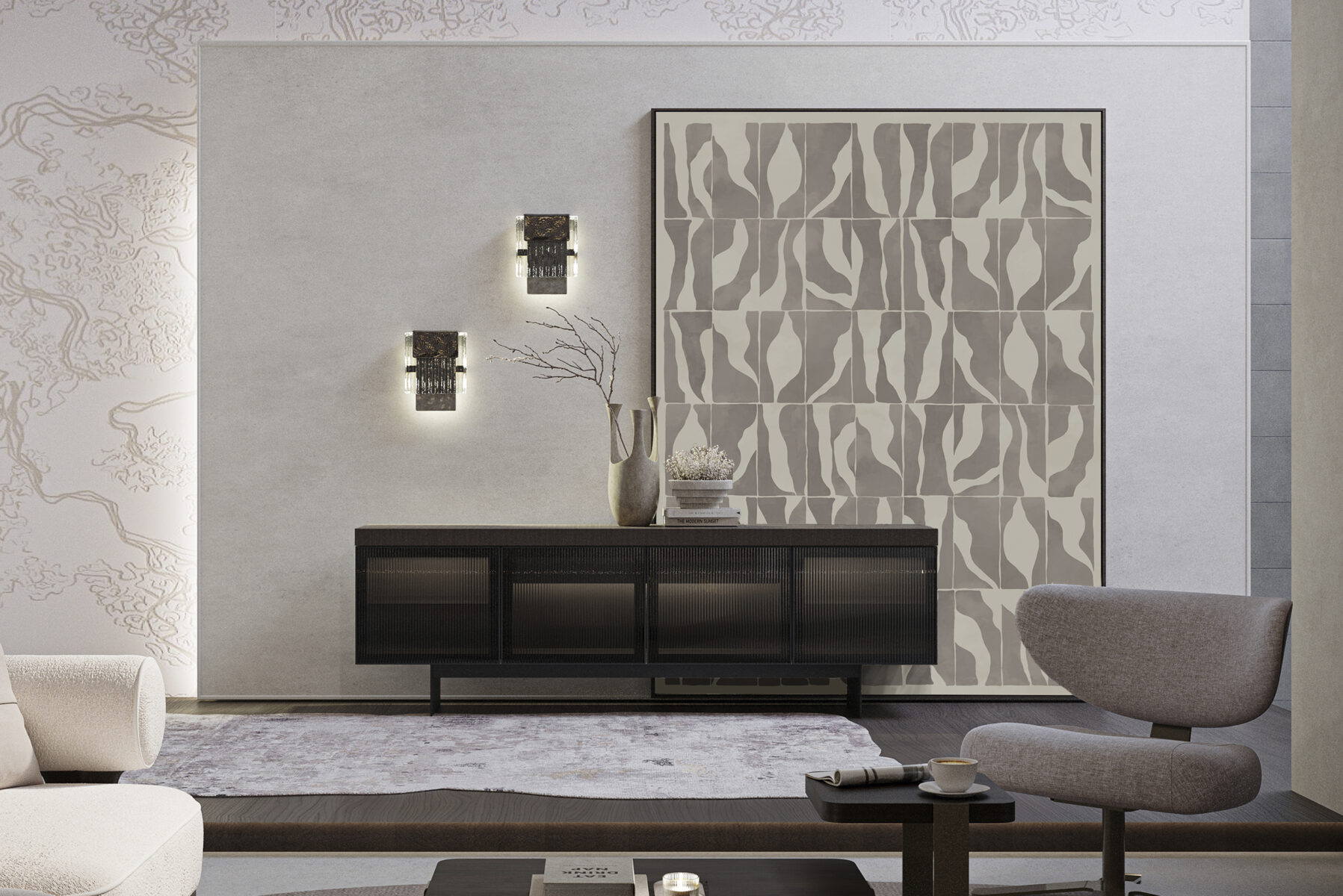 Elegant living room with contemporary wall art and stylish furniture pieces.