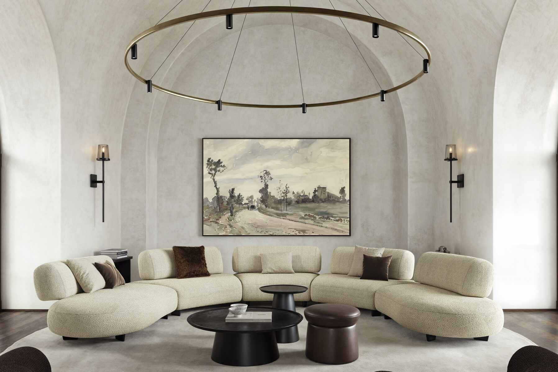 Luxurious beige curved sofa with plush cushions in a sophisticated living room setting, featuring minimalist wall sconces, a large landscape painting, and contemporary coffee tables for stylish comfor.