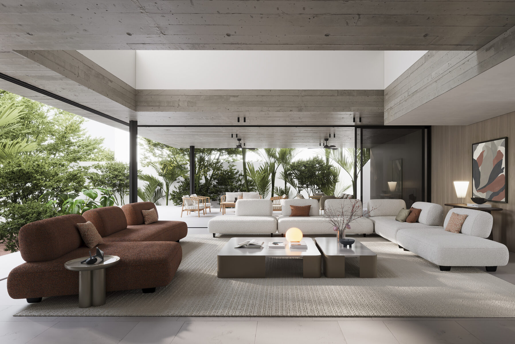 Elegant modern living room featuring stylish white and brown sofas, large glass windows, and lush greenery outside. Perfect for contemporary home decor and comfort.
