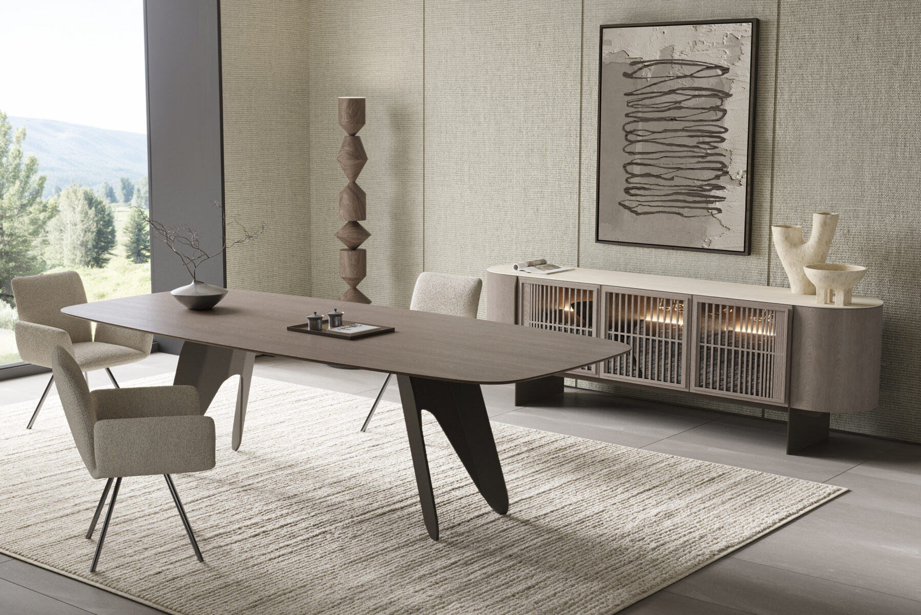 Contemporary dining room featuring a sleek wooden table, stylish chairs, and modern decor with natural light and scenic outdoor view. Perfect for stylish home interiors.
