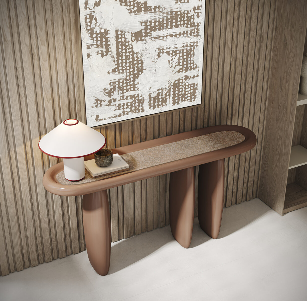 Stylish modern console table with rounded edges and unique leg design, perfect for contemporary home decor.