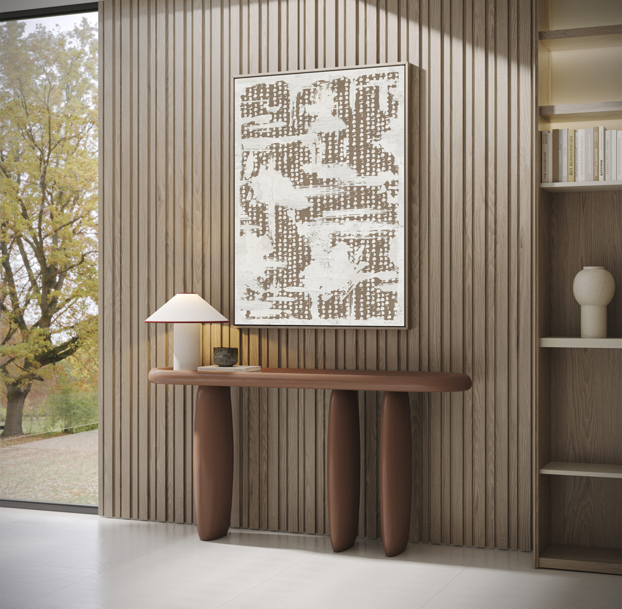 Elegant modern console table with a smooth, curved design and earthy tones, perfect for contemporary home decor.