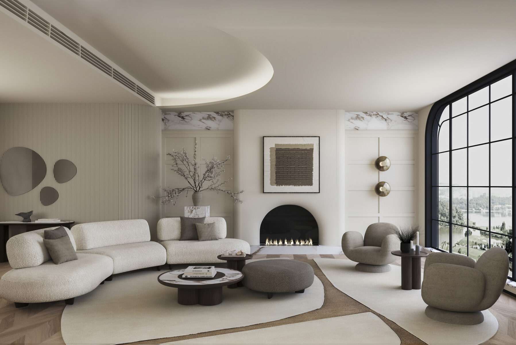 Elegant modern living room featuring stylish sofas, armchairs, and a cozy fireplace, perfect for contemporary home decor. Bright space with large windows and minimalist design.