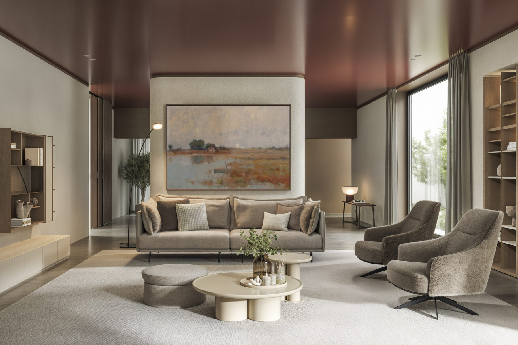 Stylish living room featuring contemporary sofas, armchairs, and a large landscape painting, creating a cozy and sophisticated ambiance. Perfect for modern home decor enthusiasts.