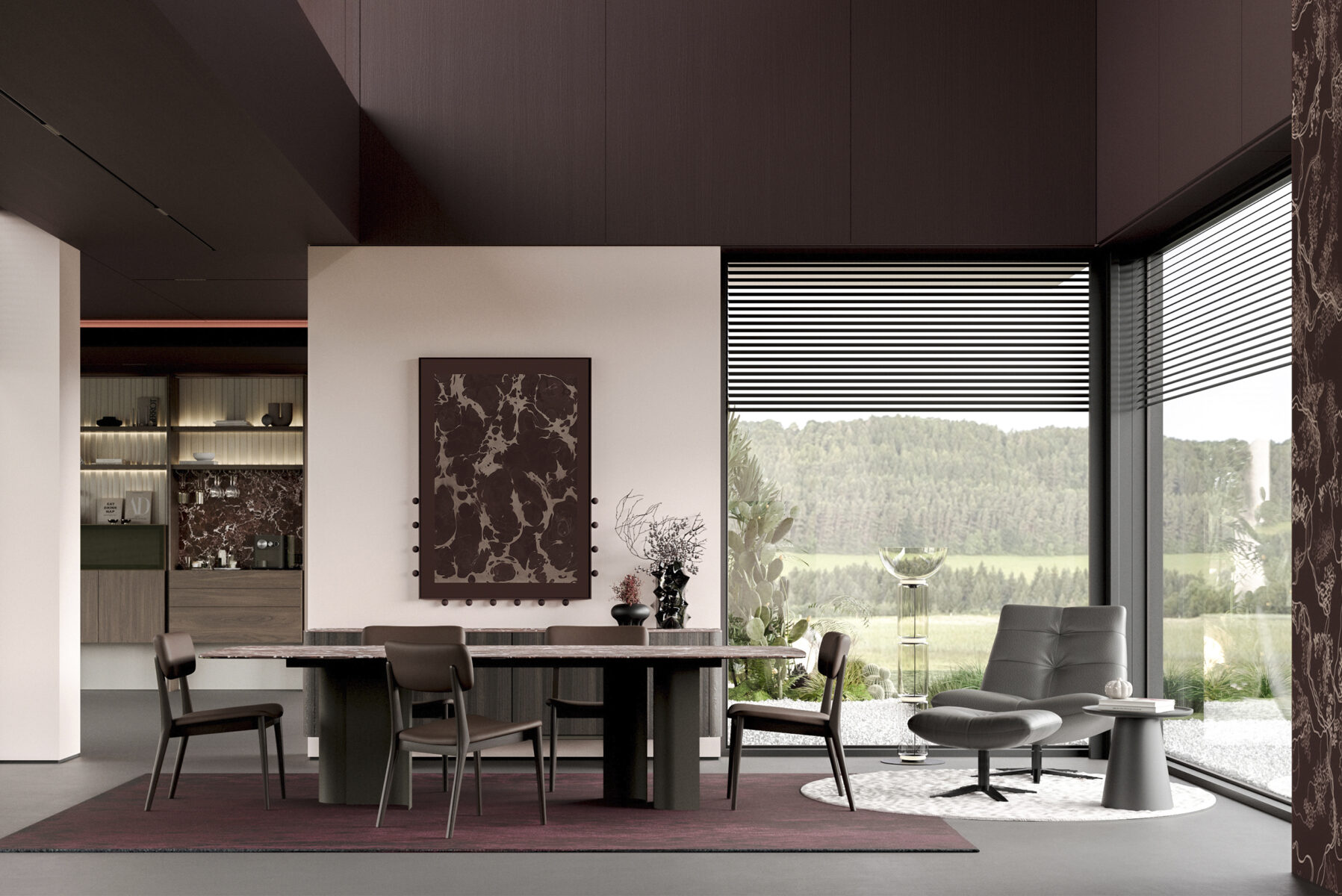 Elegant dining room featuring a contemporary design with a large table, stylish chairs, and scenic outdoor views through expansive windows.