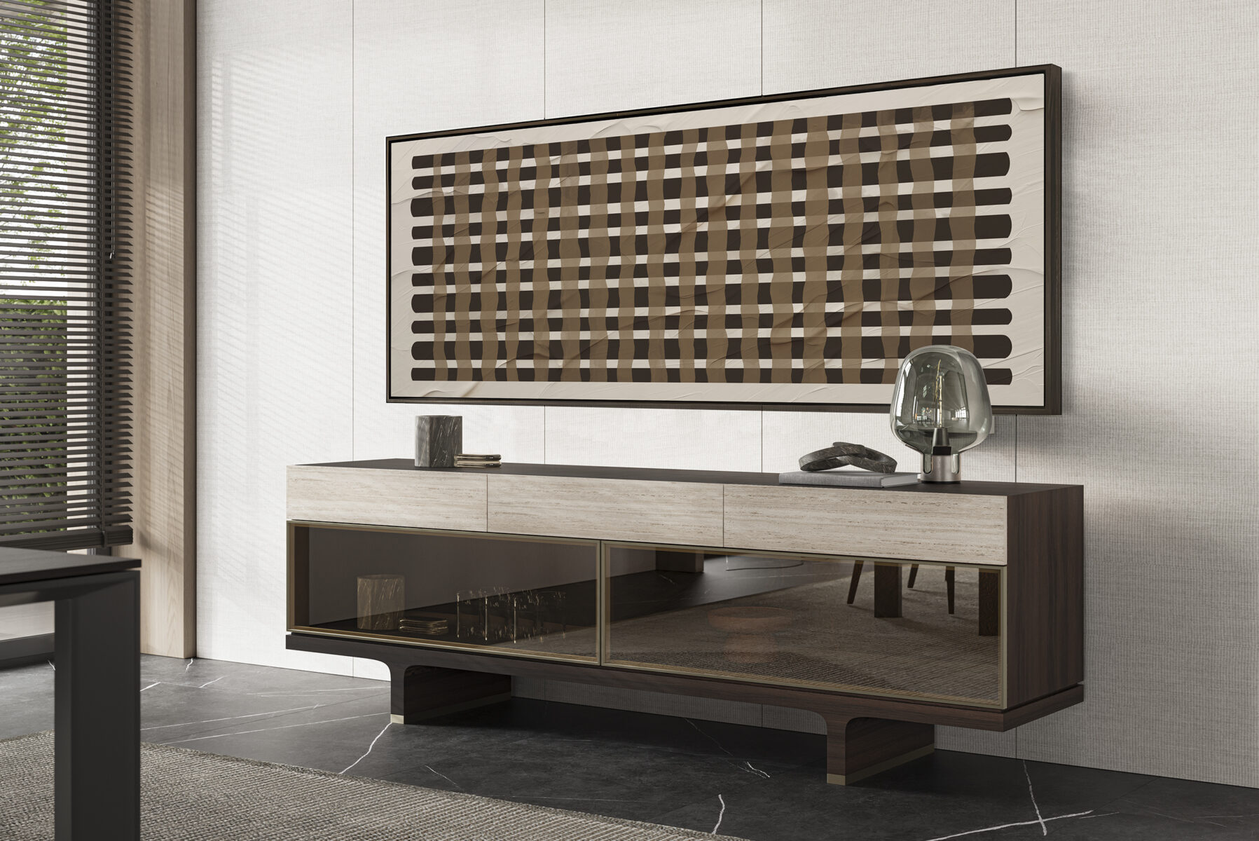 Elegant wooden sideboard featuring a sleek design and glass sliding doors, complemented by contemporary geometric wall art for stylish home decor.