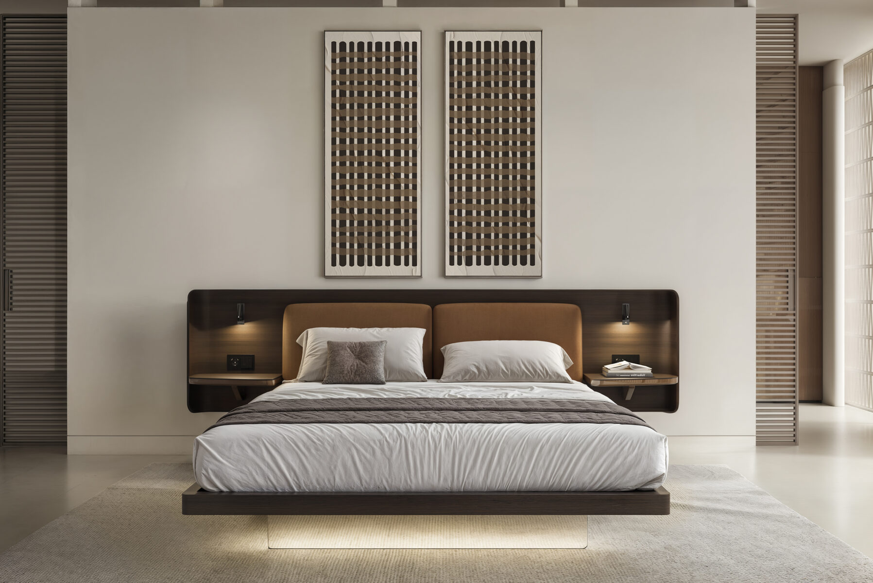 Modern bedroom featuring a sleek wooden headboard, two wall-mounted reading lights, and decorative wooden panels above the bed, creating a contemporary and cozy ambiance.