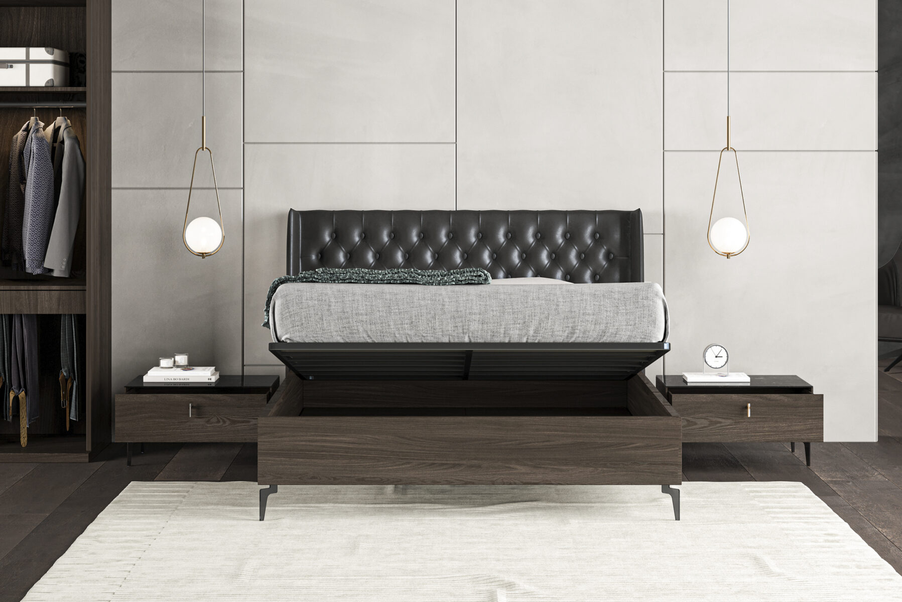 Sleek modern bedroom with a tufted leather headboard, dark wood furniture, and minimalist design elements for stylish comfort.