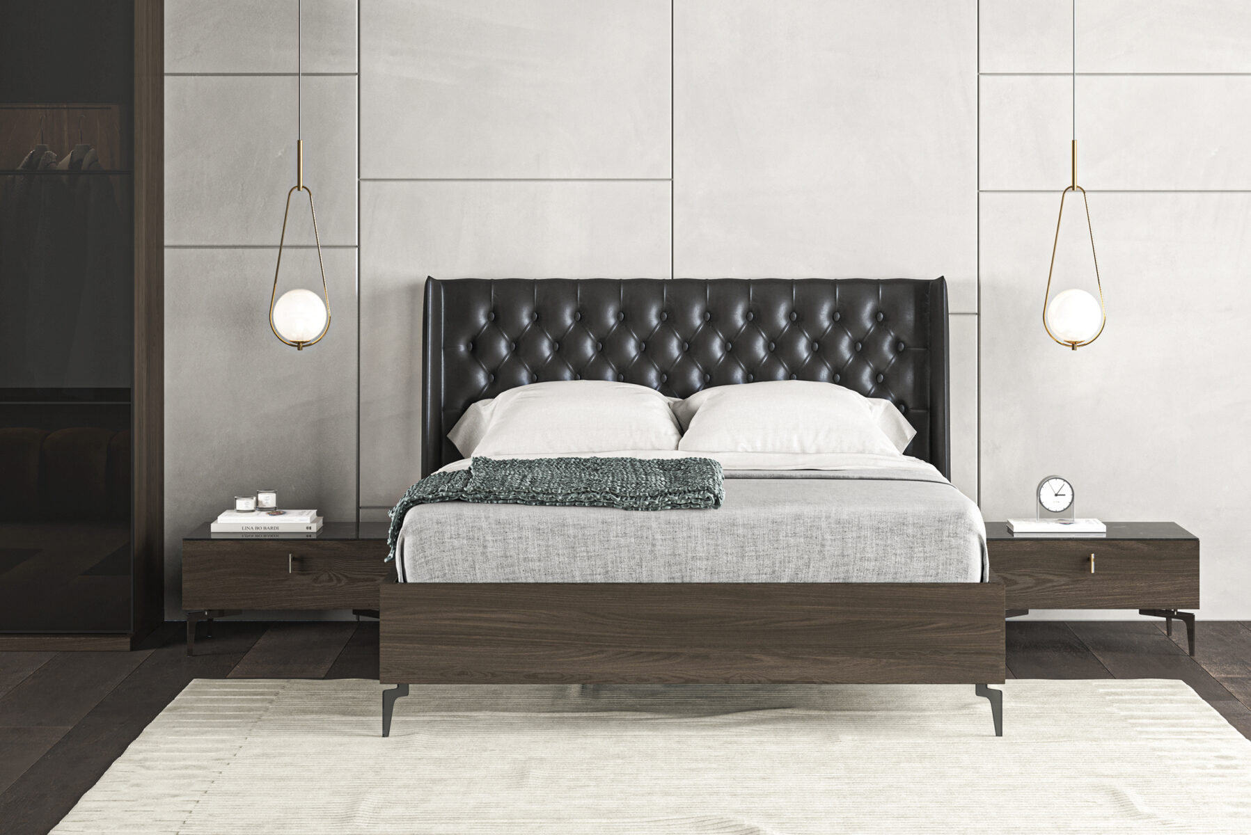 Sleek modern bedroom with a dark leather tufted headboard, minimalist wooden nightstands, and elegant pendant lighting, showcasing contemporary bedroom furniture design for comfortable living.