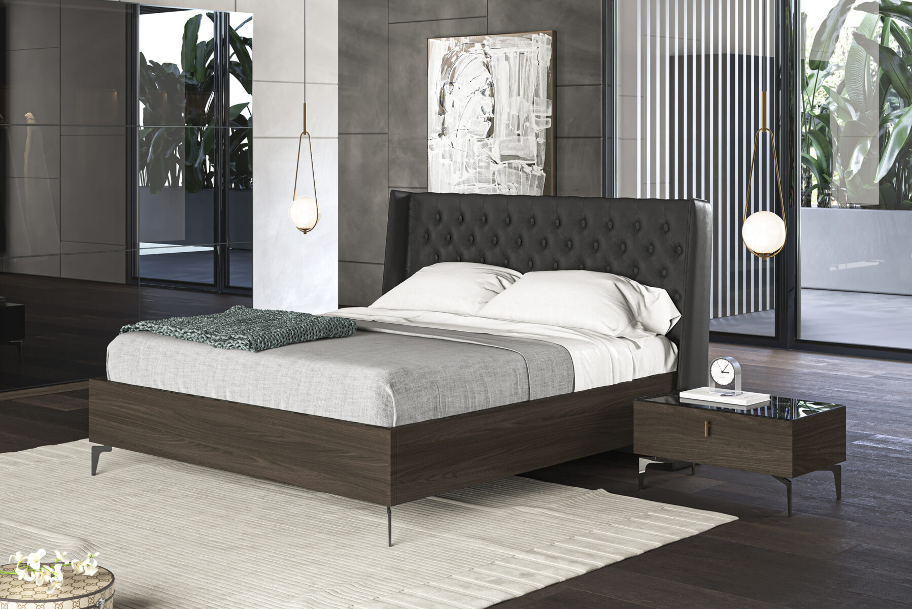 Sleek modern black upholstered bed with wooden frame and nightstand in contemporary bedroom decor with glass doors and greenery in the background.