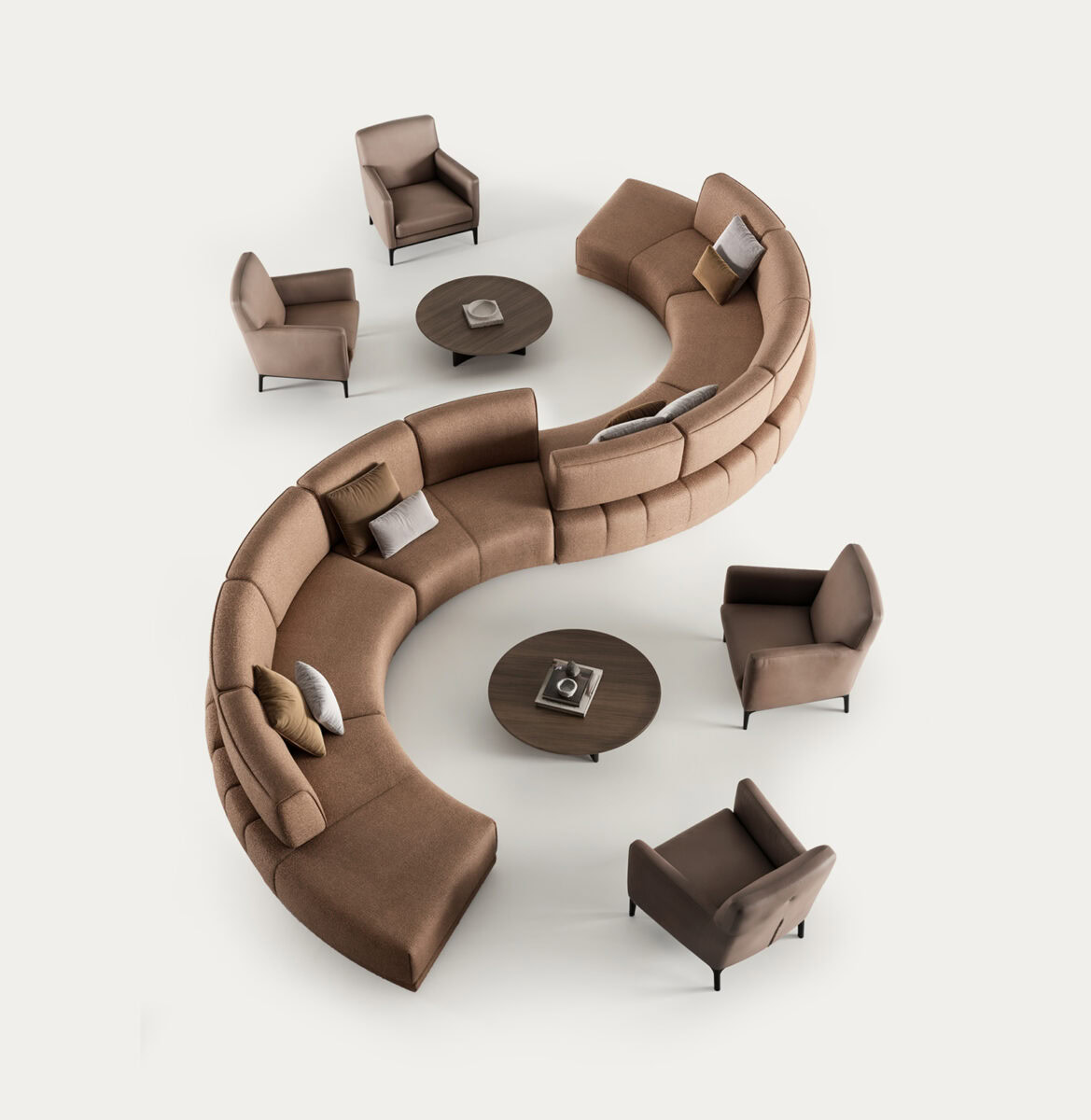 Elegant modern curved sofa set with matching armchairs and coffee tables, perfect for stylish living rooms.