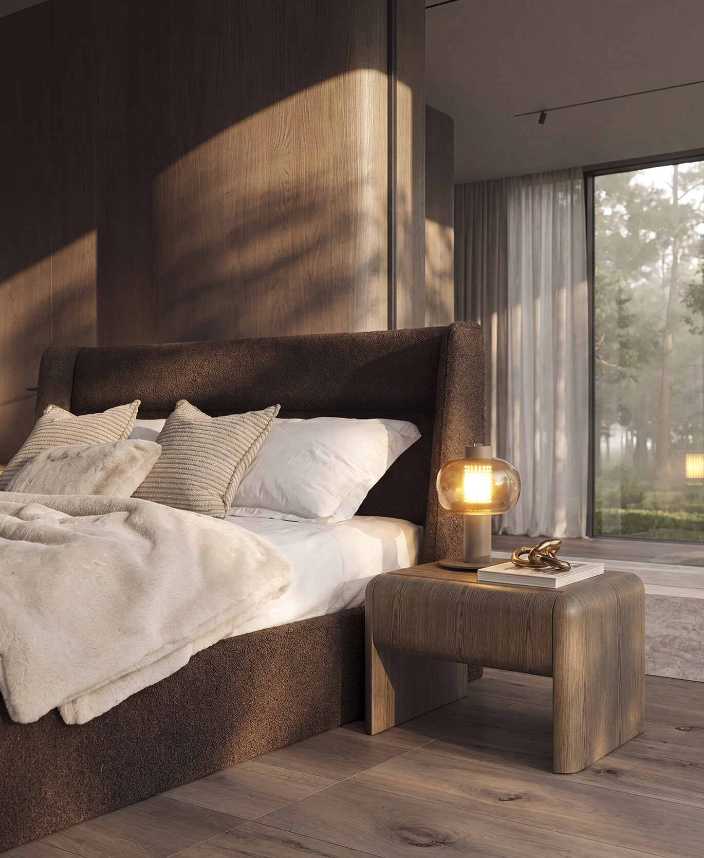 Elegant bedroom featuring a plush bed with beige pillows, a wooden nightstand with a stylish lamp, and large windows with sheer curtains allowing natural light.