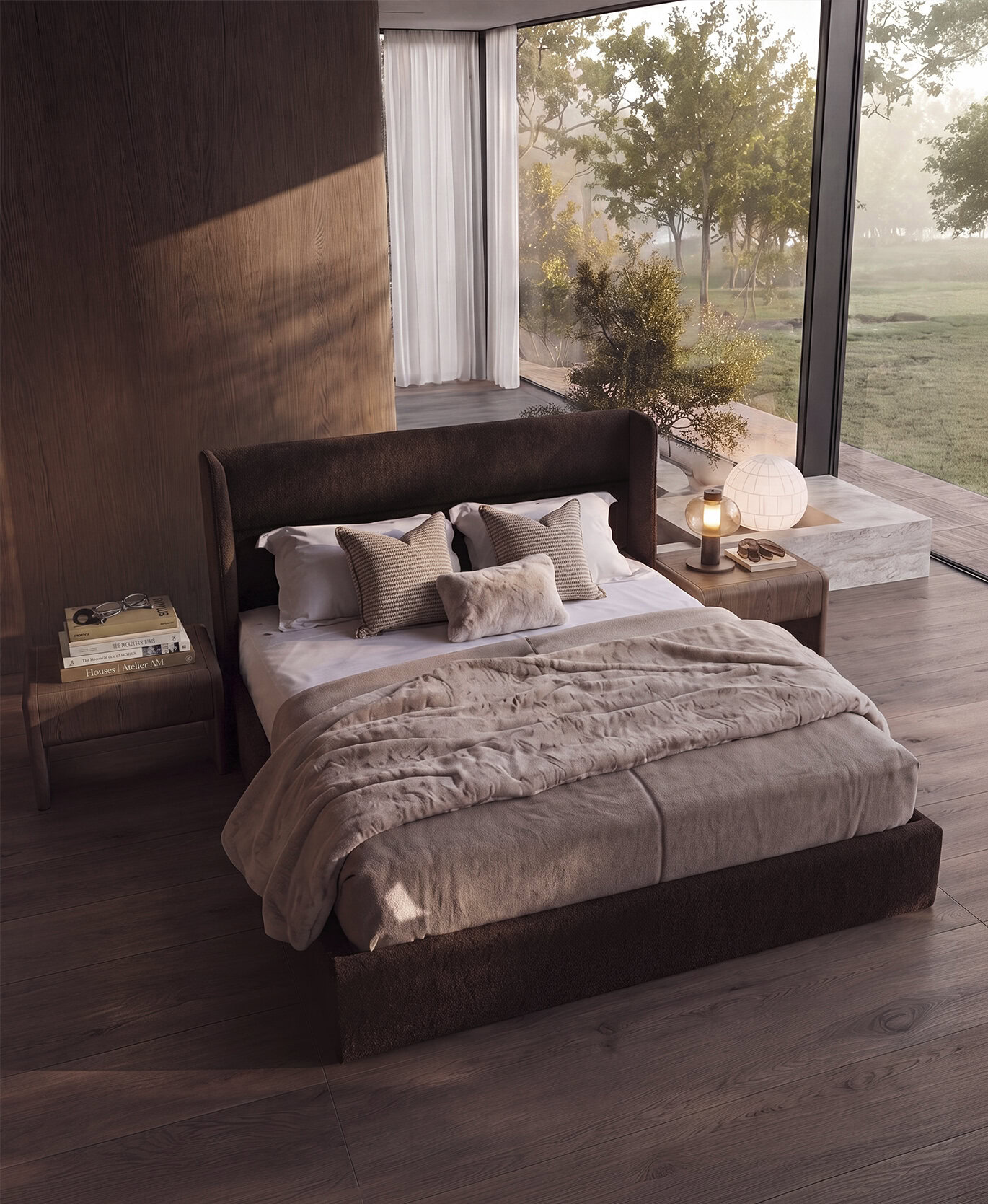 Modern bedroom featuring a dark upholstered bed, neutral bedding, and large floor-to-ceiling windows overlooking a garden at sunset.