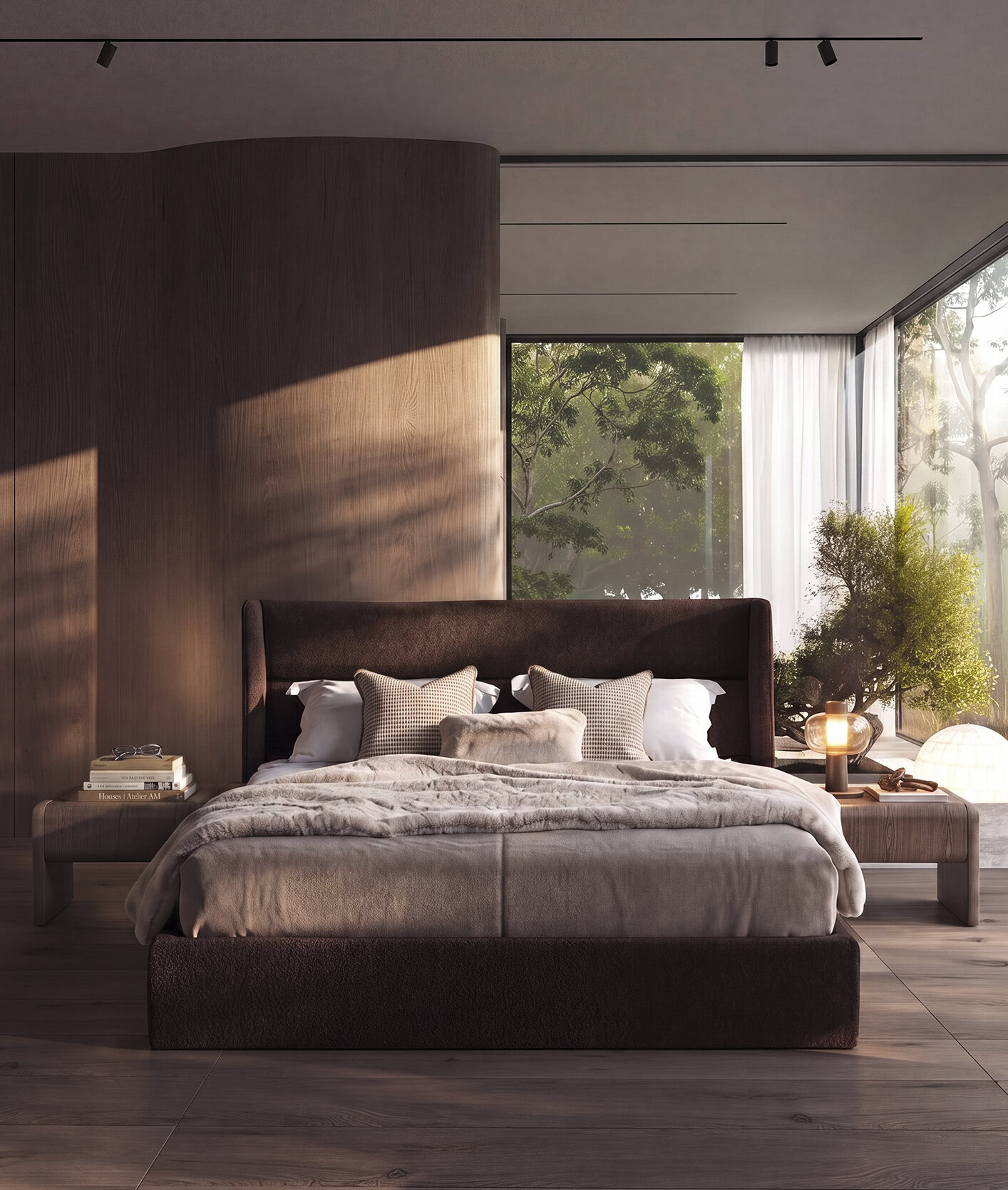Elegant modern bedroom with a large bed, plush bedding, and natural light from floor-to-ceiling windows, showcasing contemporary furniture design.