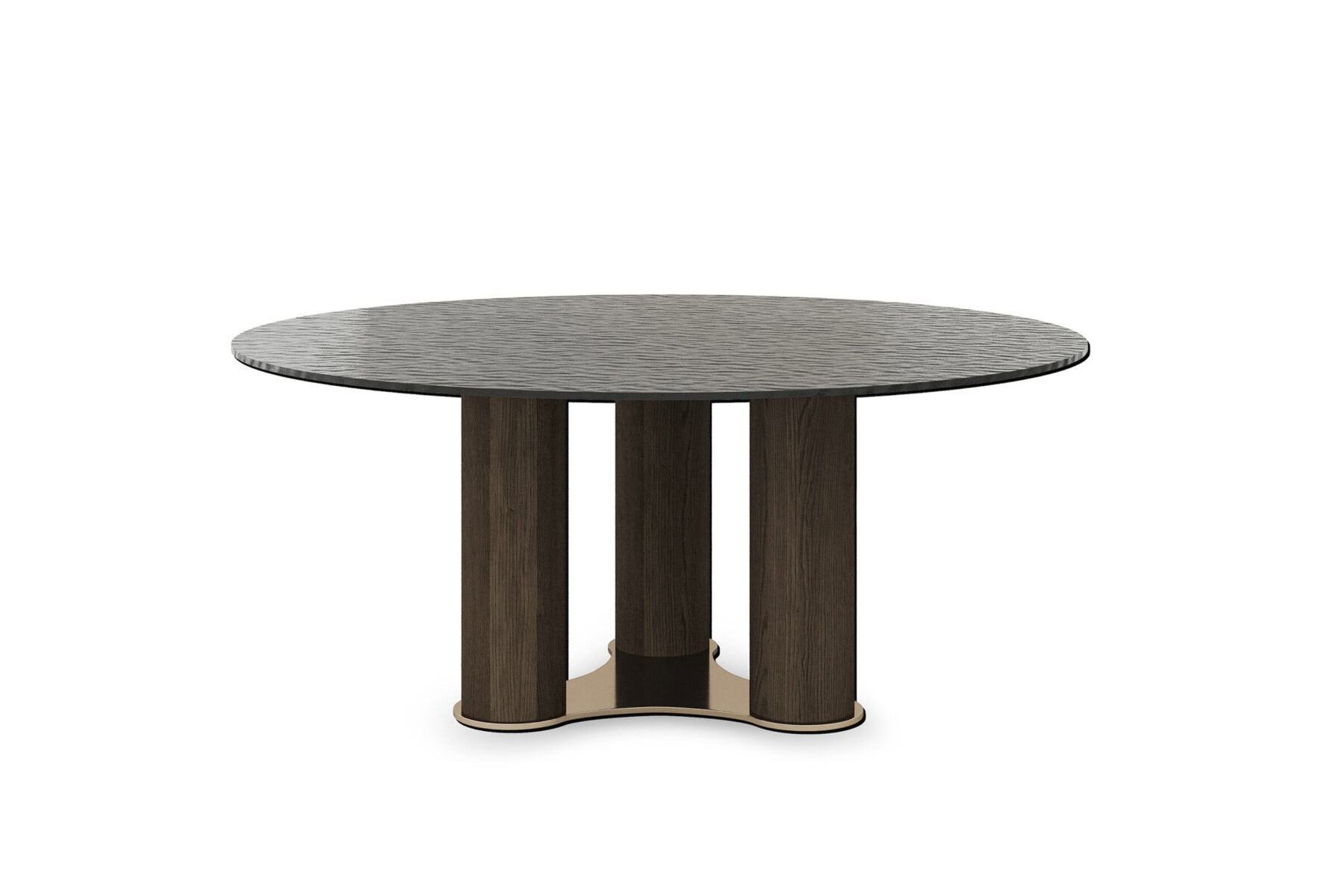 Sleek modern wooden dining table with a textured round top and sturdy pedestal base for contemporary home decor.
