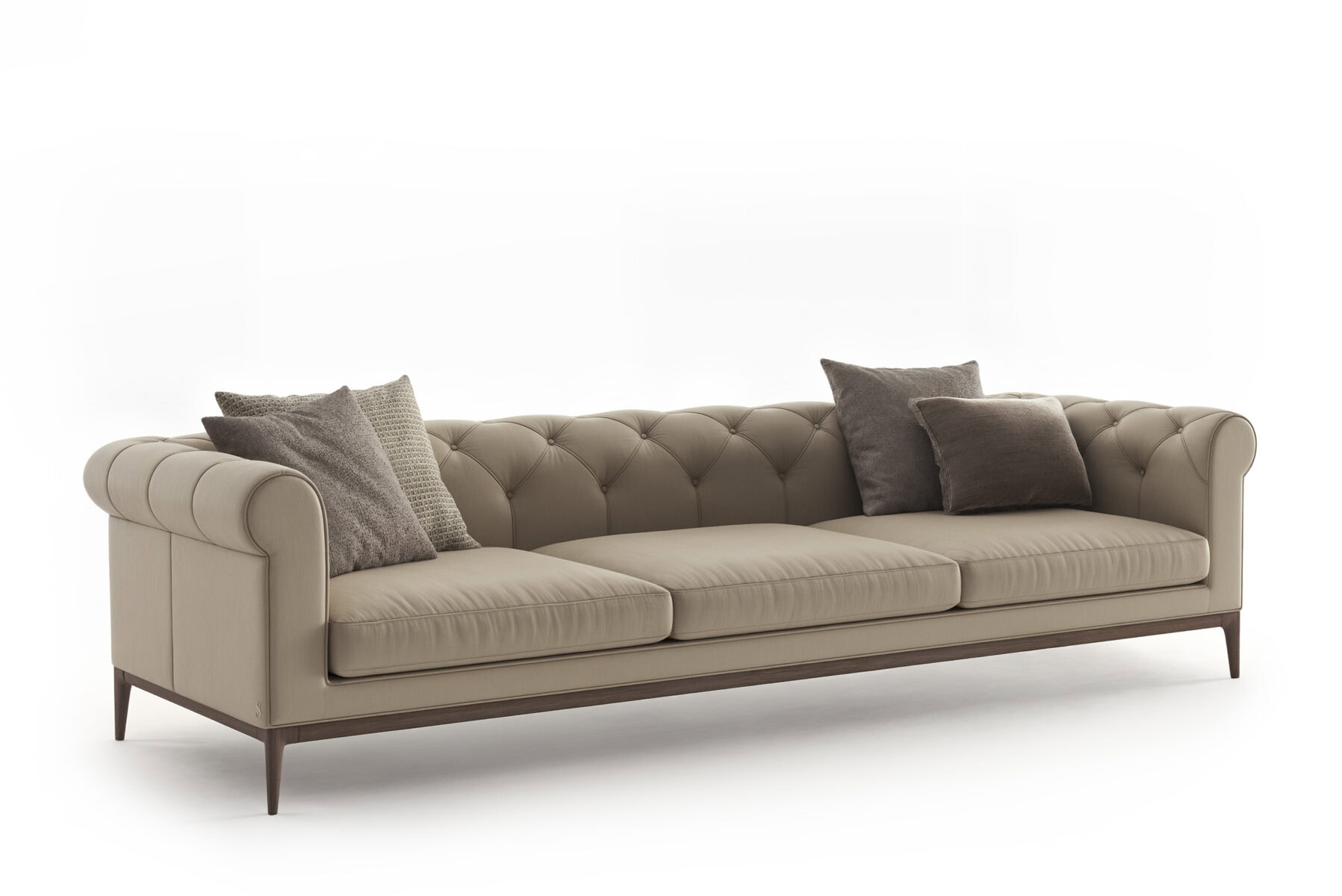 Stylish beige sofa with tufted backrest and plush cushions, ideal for modern living rooms. Crafted for comfort and durability, perfect for contemporary home decor.