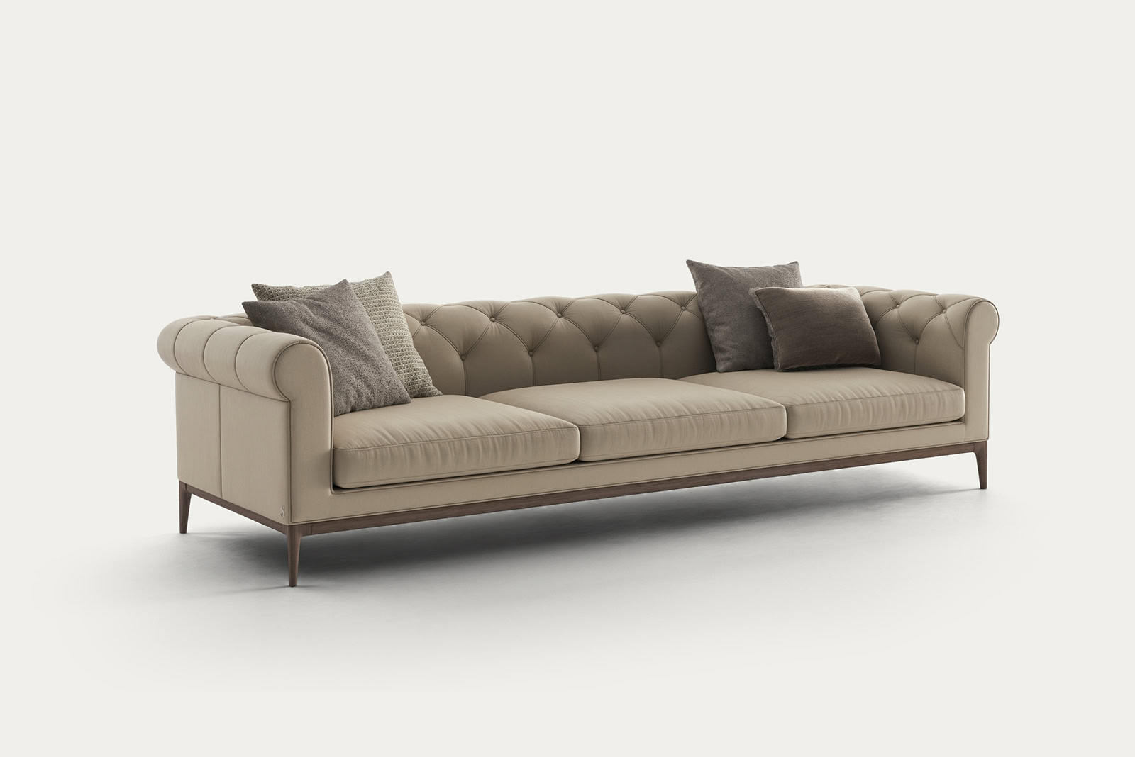 Luxurious beige Chesterfield sofa with tufted design and wooden legs, perfect for modern or classic living room decor.