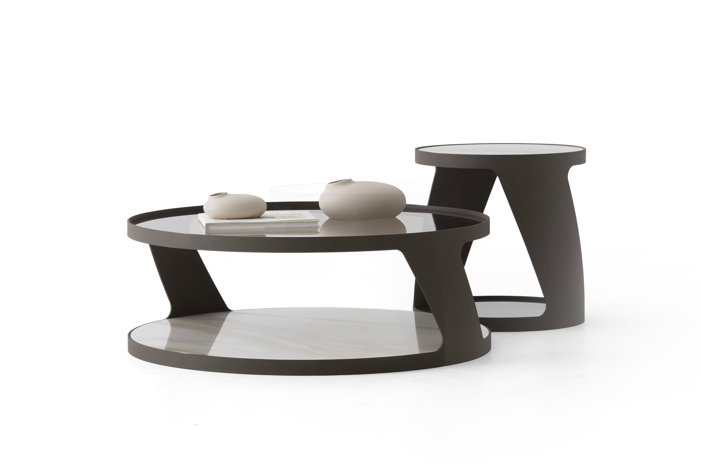 Contemporary coffee tables set with black and white finishes, sleek modern design, ideal for stylish living room furniture and modern home decor.