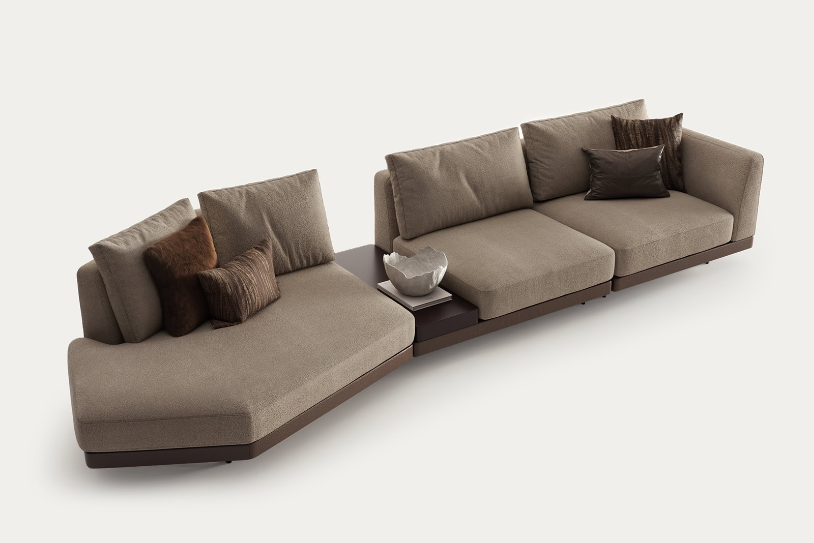 Elegant modern sofa set from Saloni Furniture with beige upholstery and brown cushions, perfect for contemporary living rooms.
