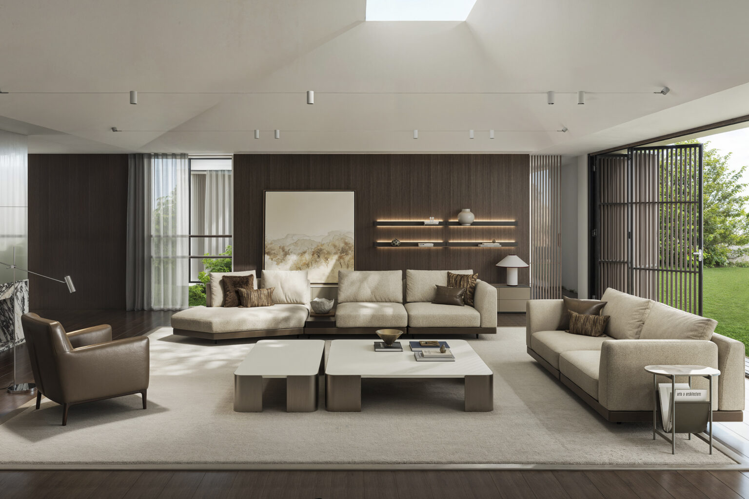Elegant beige and brown sofas with contemporary design in a spacious living room.