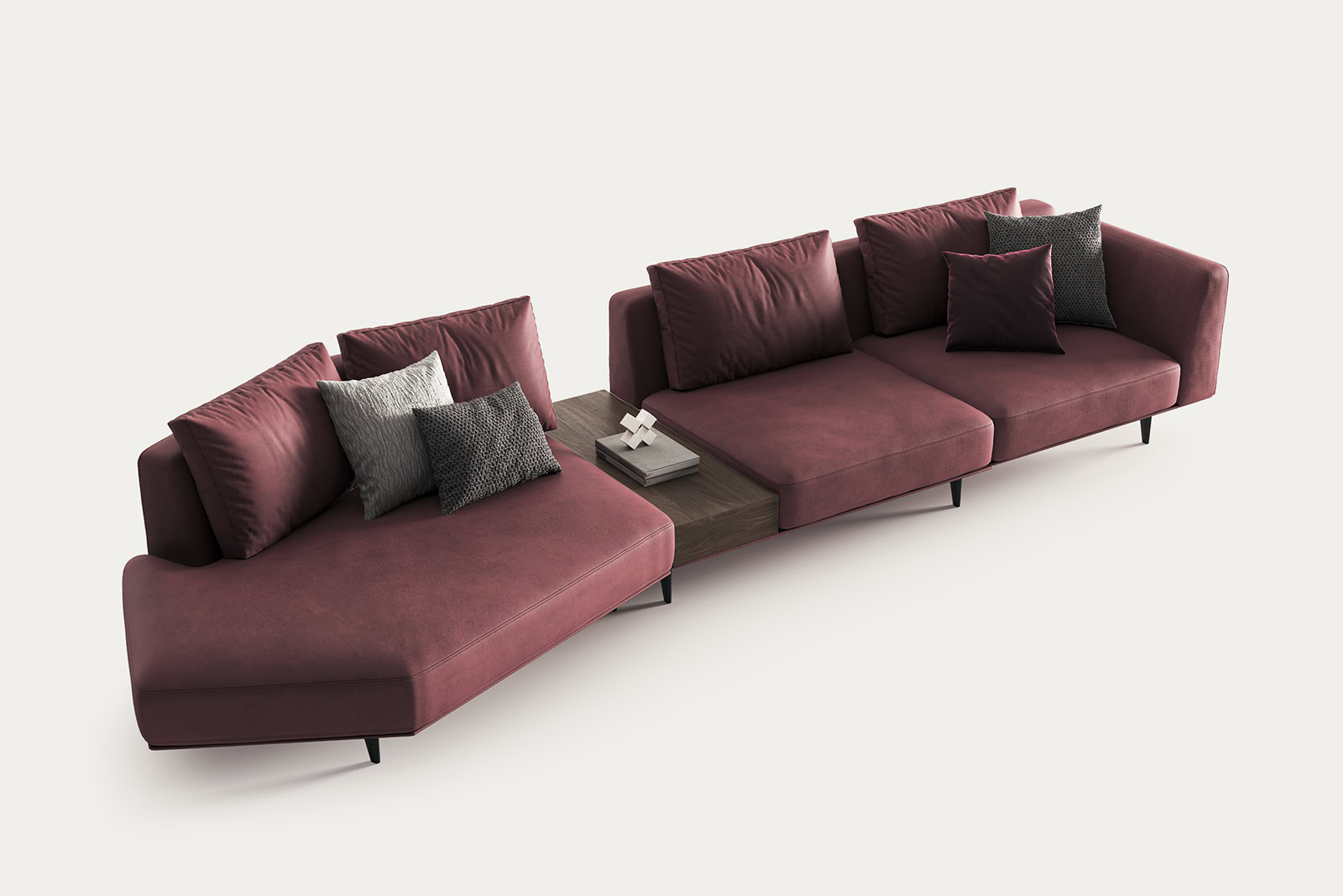 Elegant modern sofa set by Saloni Furniture featuring plush burgundy upholstery and decorative cushions, perfect for contemporary living rooms.