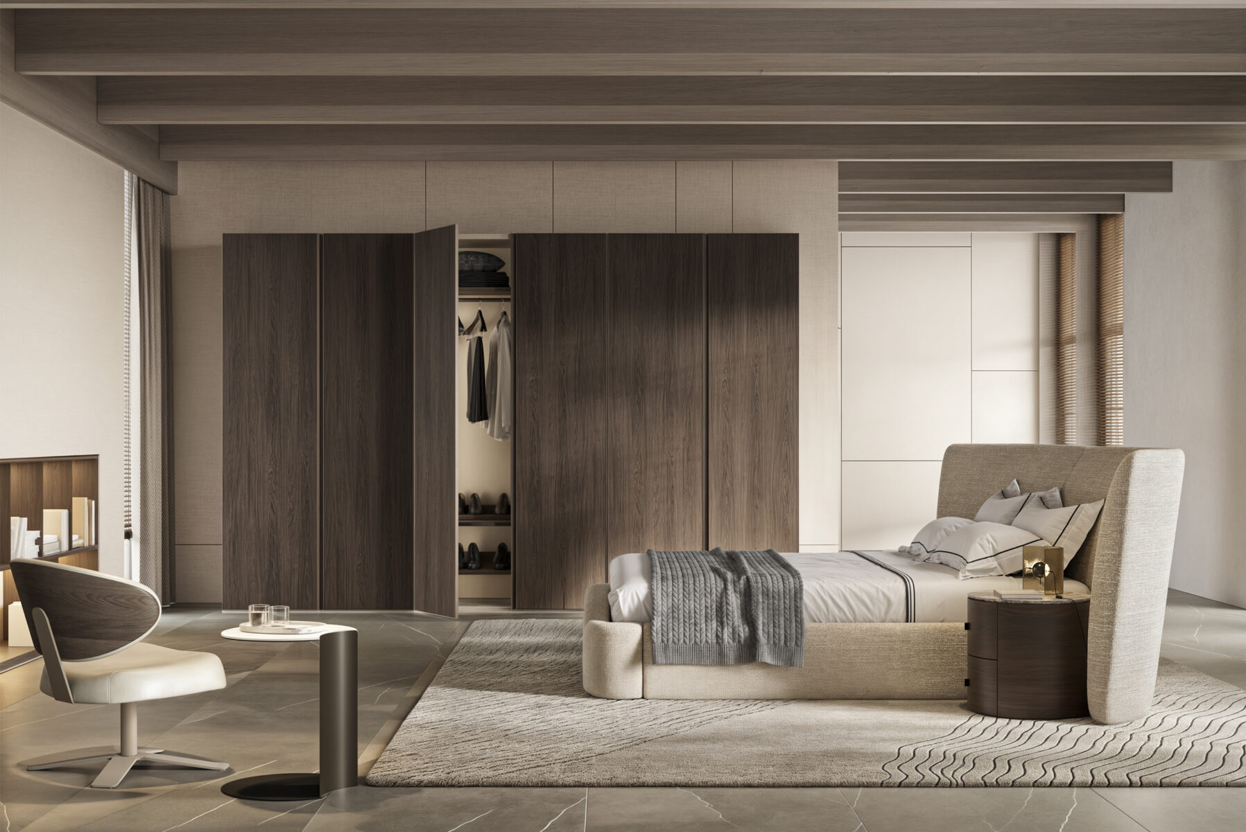Sleek modern bedroom featuring a neutral-toned upholstered bed, wooden wardrobe, minimalist side table, and contemporary decor, showcasing high-quality furniture design and elegant aesthetics.