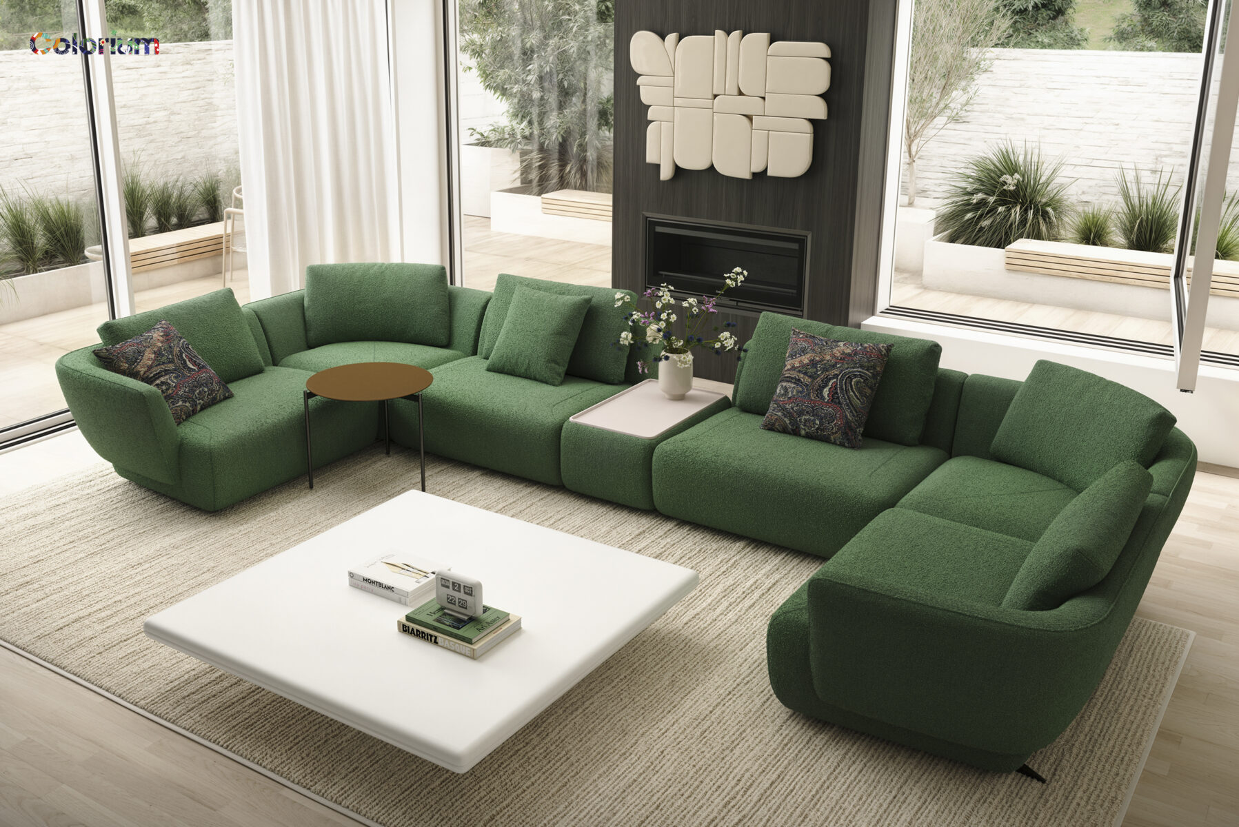 Stylish green sectional sofa in a contemporary living room with large windows, complemented by a white coffee table and decorative pillows, perfect for modern home interiors.
