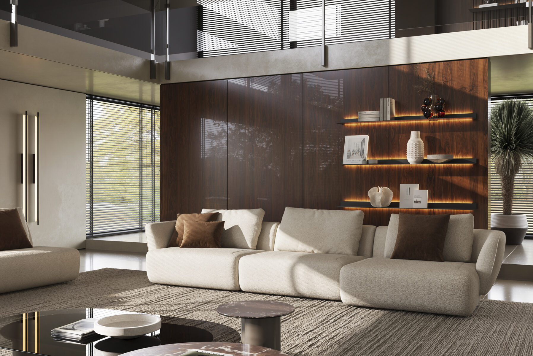 Elegant modern living room with a white sofa set, wooden wall panels, and decorative shelves illuminated by warm lighting, showcasing Saloni Furniture's contemporary design.