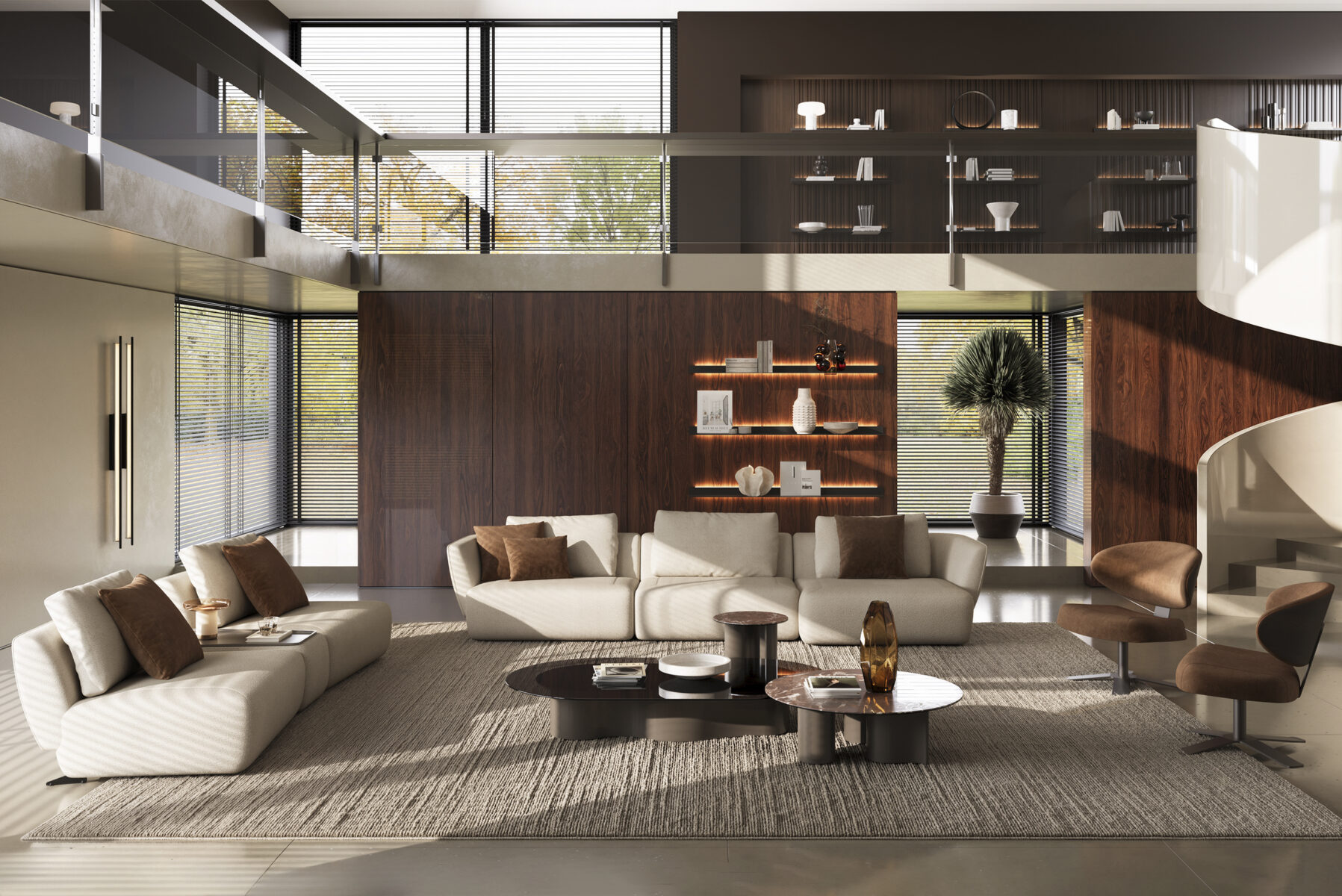Elegant modern living room with Saloni Furniture, featuring a white sofa, armchairs, and a wooden accent wall with decorative shelves.