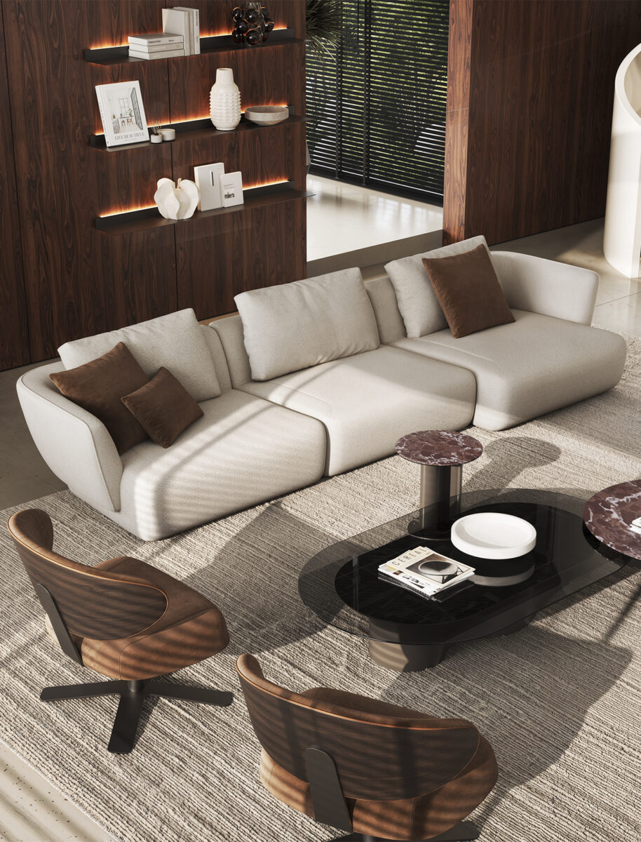 Elegant modern living room with a white sectional sofa, brown accent pillows, wooden shelves, and a sleek black coffee table, showcasing contemporary furniture design.