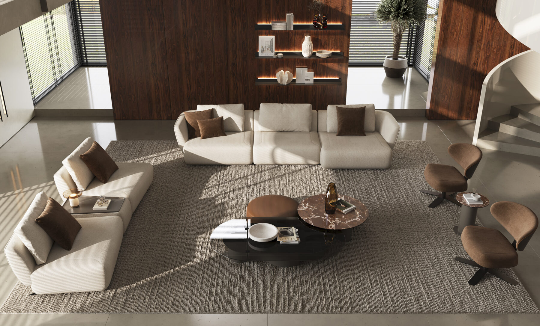 Elegant modern living room with white sofas, brown armchairs, and a stylish coffee table, showcasing Saloni Furniture's contemporary design and quality craftsmanship.