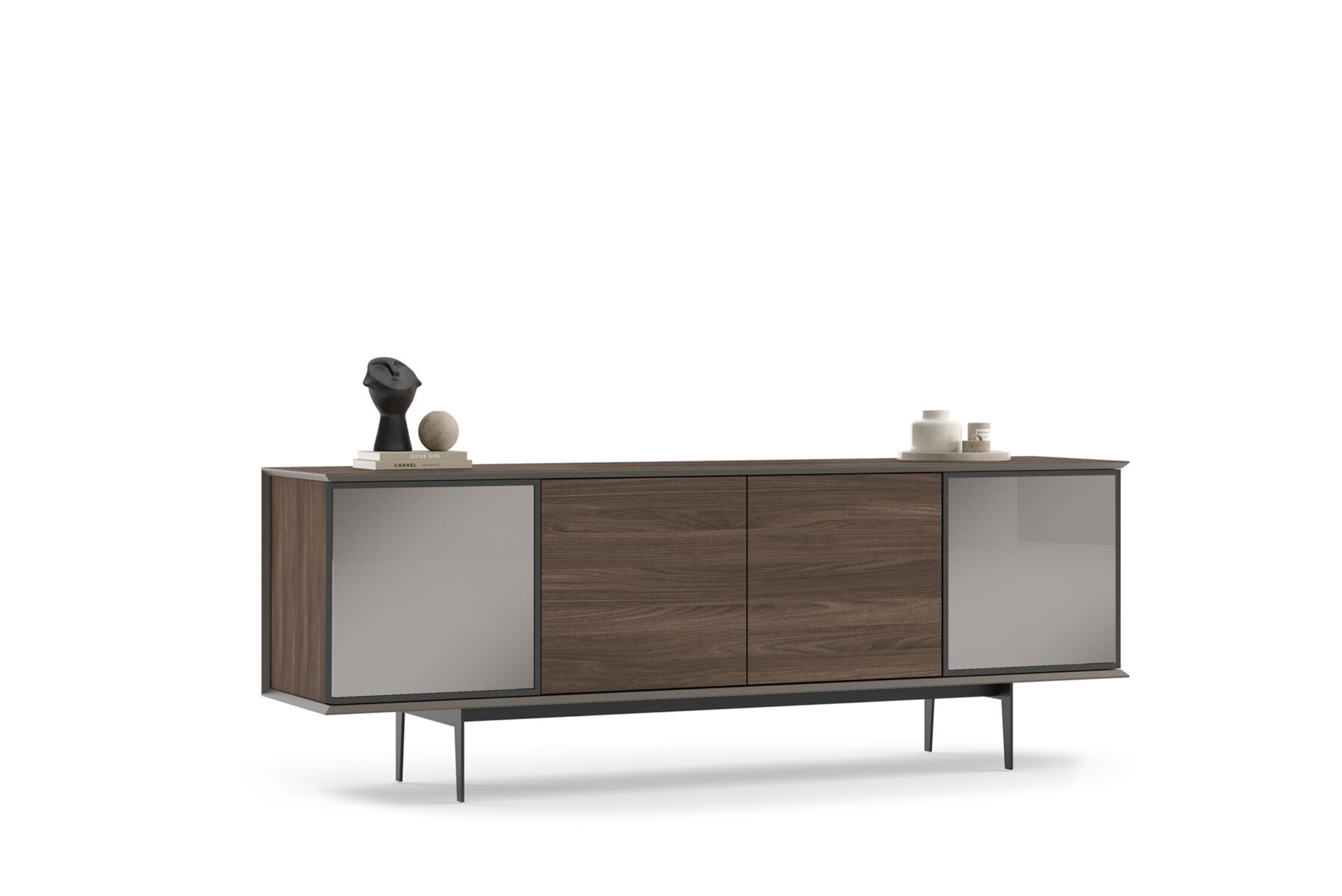 Modern wooden sideboard with gray sliding doors, sleek black legs, and minimalist decor, ideal for contemporary living rooms and showcasing stylish storage solutions.