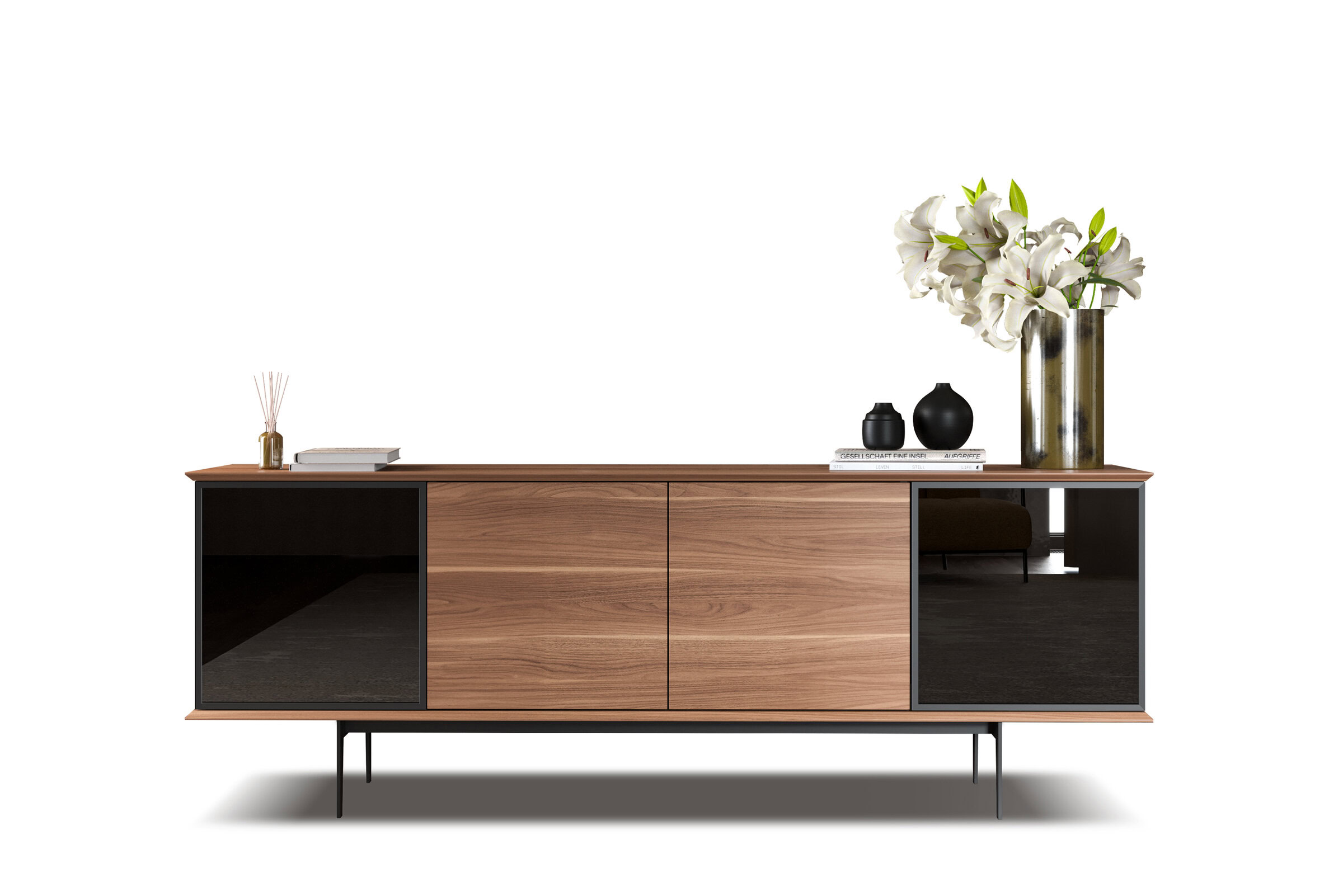 Elegant modern sideboard with a sleek wood finish, black glass doors, and stylish decorative accents, ideal for contemporary living room or office storage solutions.