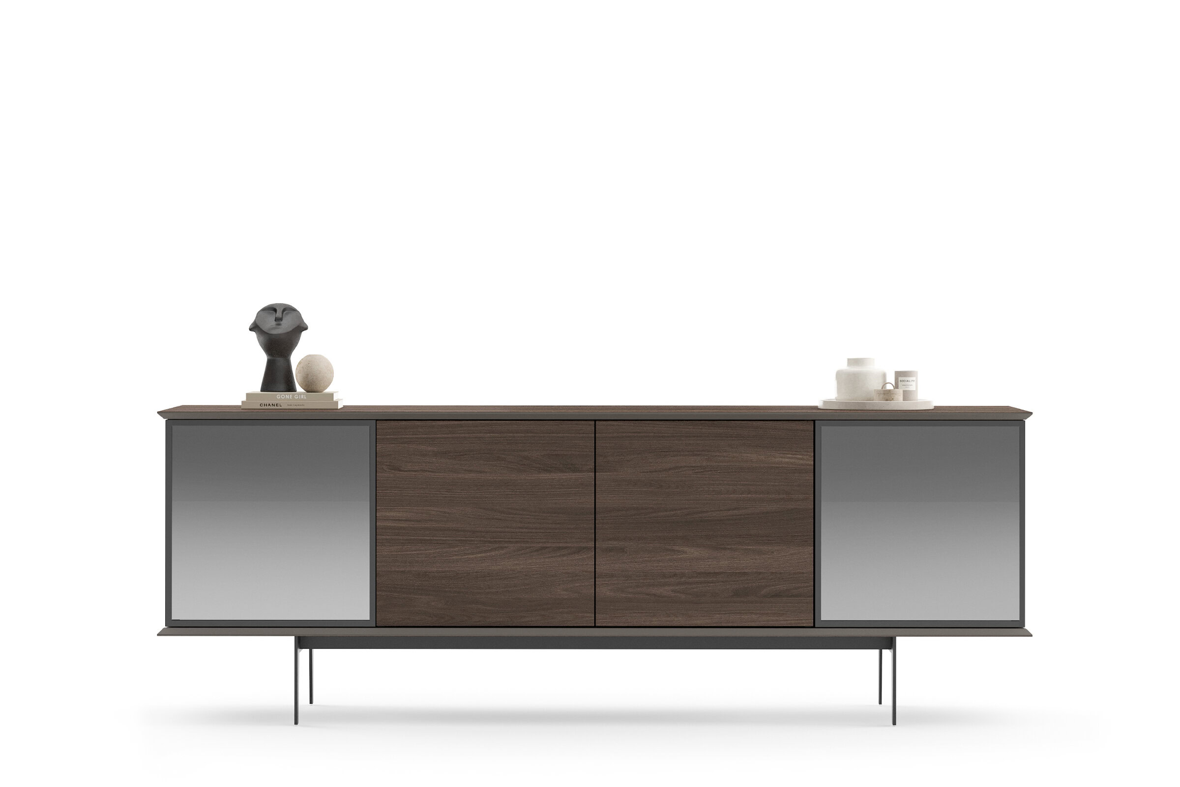Sleek modern sideboard with wooden and mirrored accents, ideal for contemporary living room or dining area storage solutions.