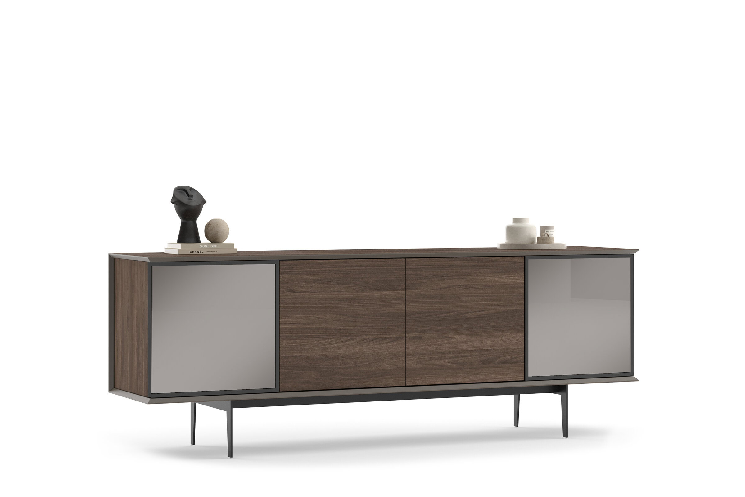 Dark wood modern sideboard with sleek grey sliding doors, perfect for stylish storage in living rooms or dining areas. Elegant furniture piece from Saloni Furniture.