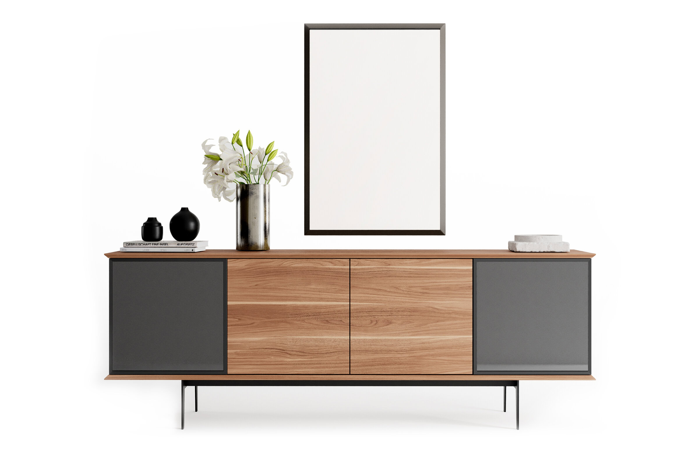 Sleek modern wooden sideboard with grey sliding doors, minimalist design, perfect for contemporary living room or dining area. Featuring stylish decor and a large mirror.