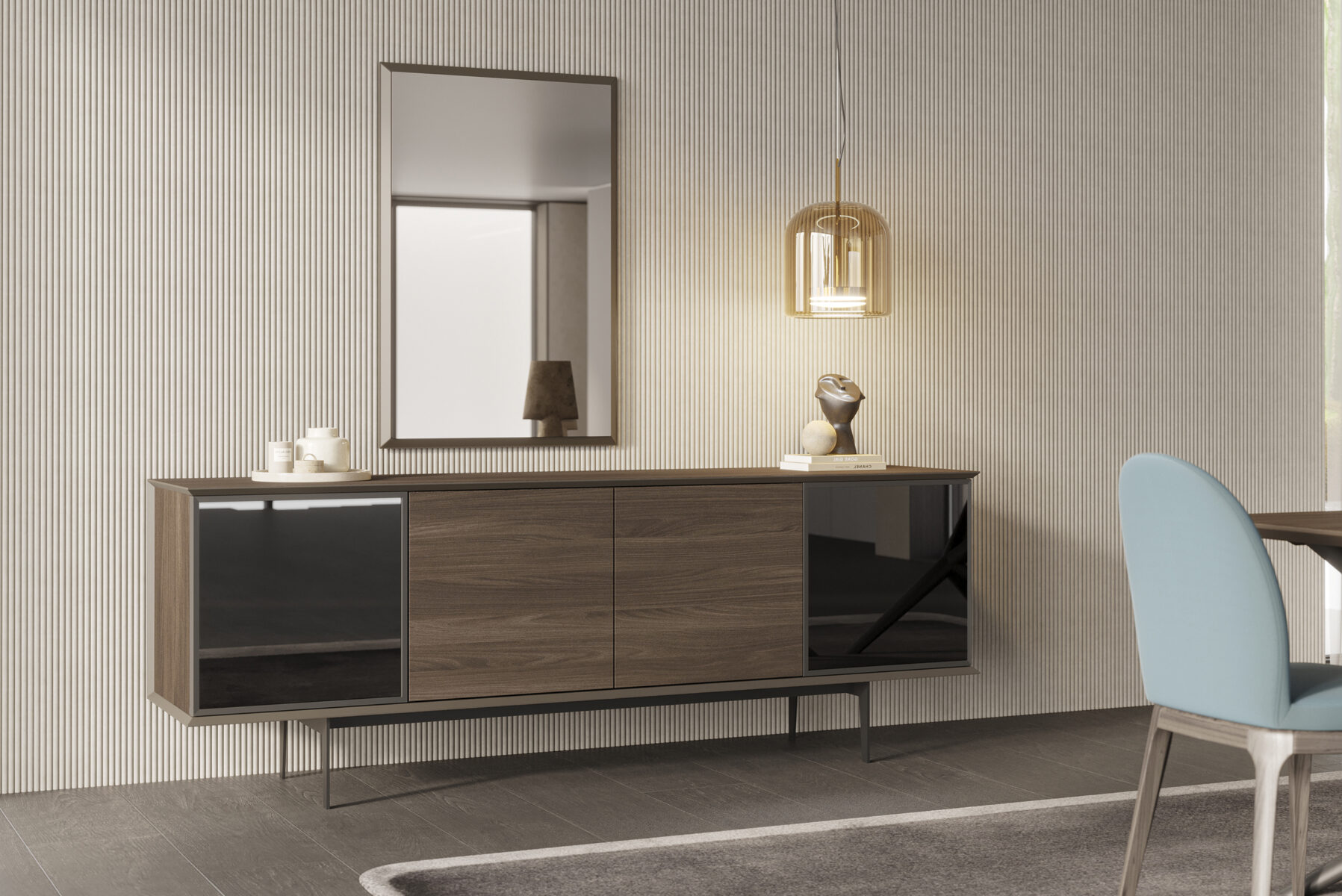 Sleek modern sideboard with wood and glass finishes, perfect for contemporary living rooms; stylish storage solution.