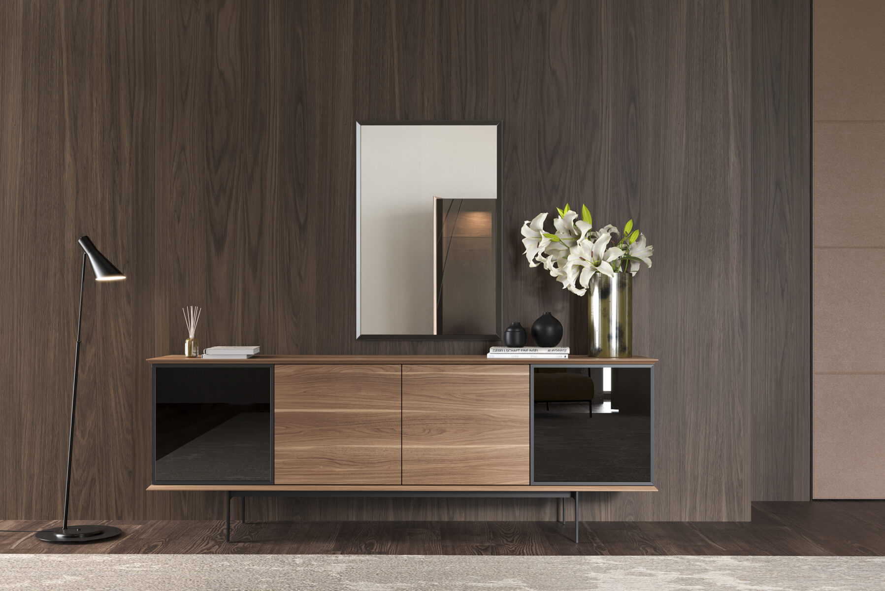 Sleek modern wooden sideboard with black glass doors, decorative mirror, and a large white floral arrangement on top, perfect for contemporary living room or hallway decor.