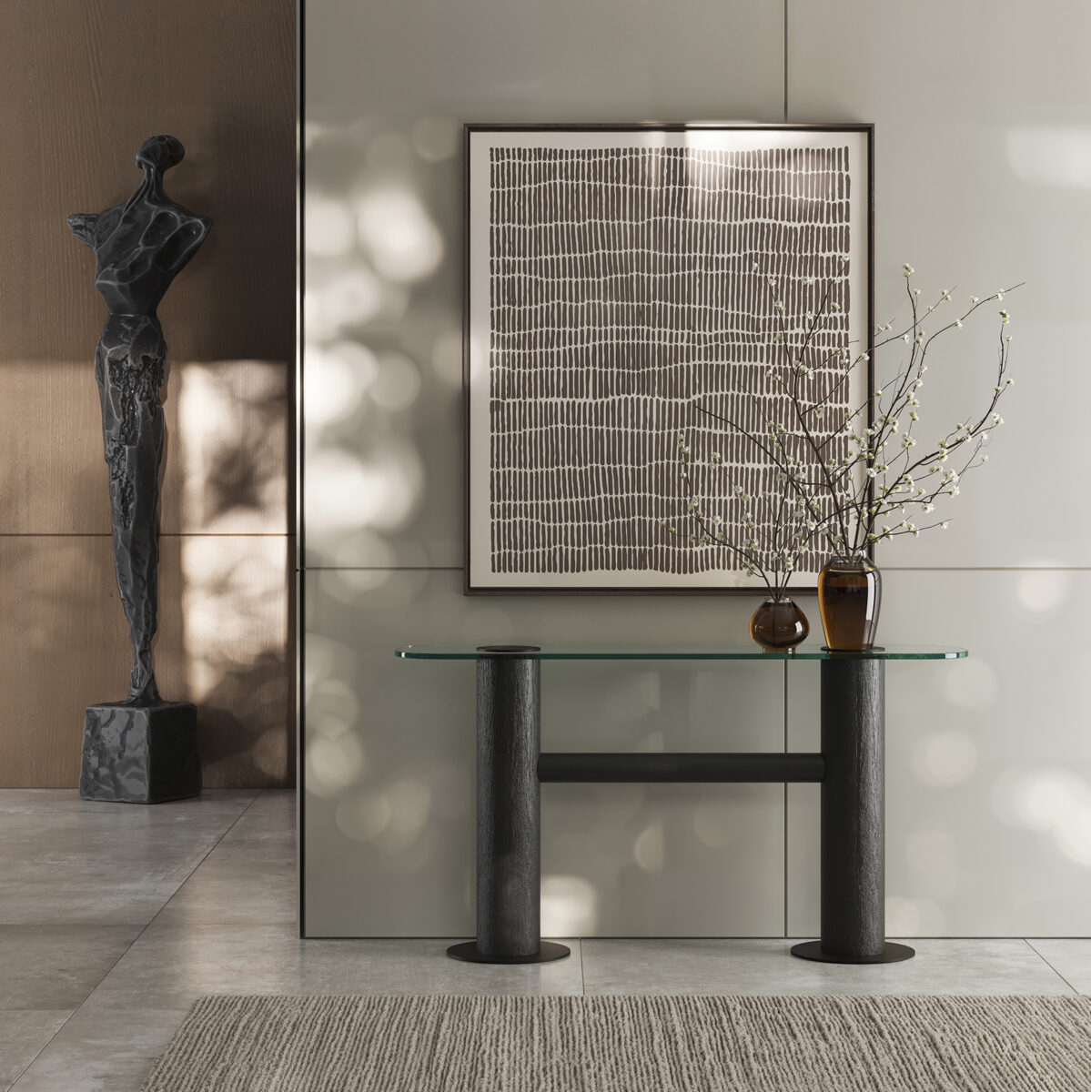 Elegant modern interior with a glass console table, abstract artwork, and decorative vases, showcasing Saloni Furniture's stylish home decor.