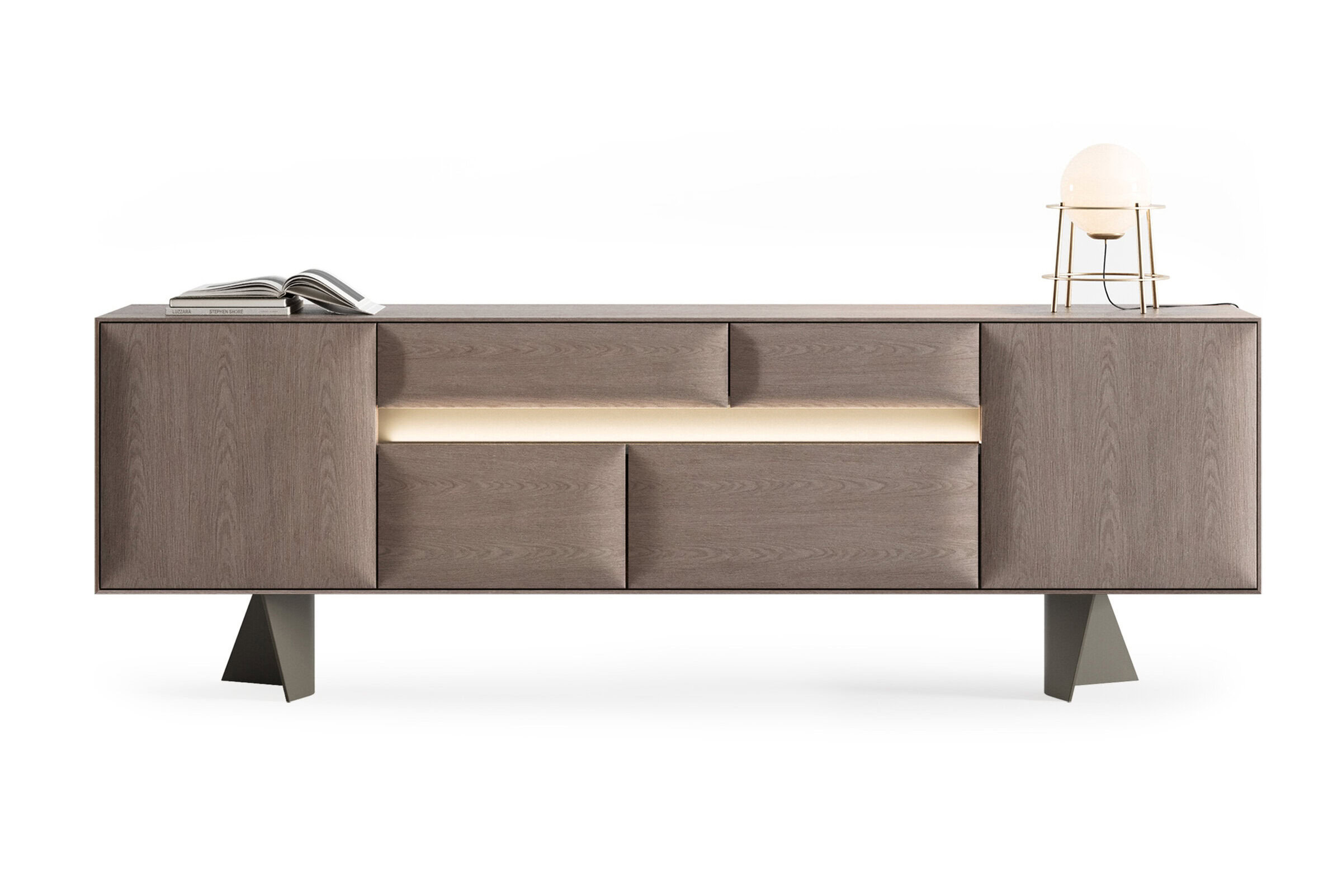 Sleek modern wooden sideboard with LED lighting, perfect for contemporary living spaces with minimalist decor.