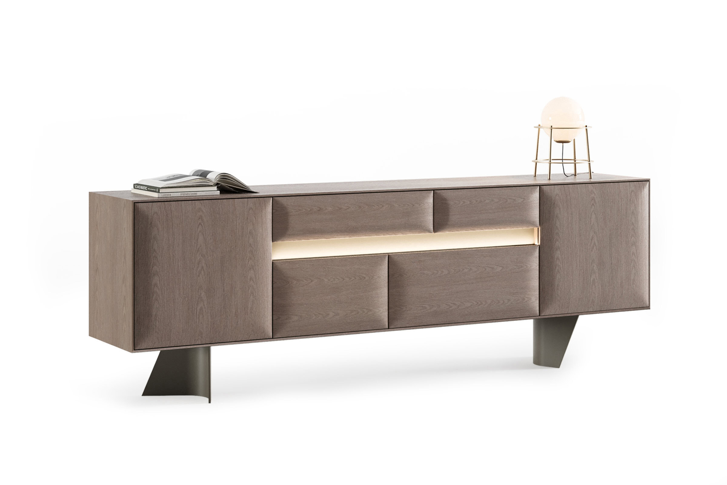 Sleek modern wooden sideboard with clean lines and integrated lighting, perfect for contemporary living rooms or dining spaces.